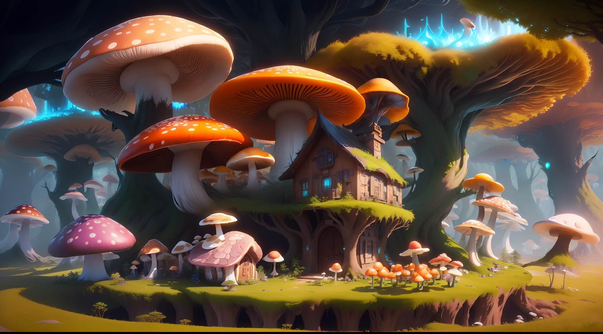 Close-up of a bunch of mushrooms in the forest, mushroom city, Mushroom forest, cyber mushroom city, mushroom house, forest made of mushrooms, mushroom trees, Stylized concept art, mushroom house, 3 d render stylized, Mushrooms are everywhere, Detailed digital 2D fantasy art, houses in the shape of mushrooms, magical fantasy 2 d concept art