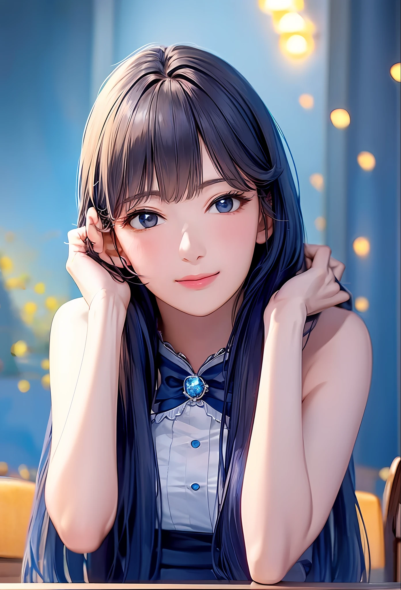 (8k, top quality, masterpiece: 1.2), (realistic, photorealistic: 1.37), super detailed, girl alone, cute, solo, midnight, beautiful detailed sky, detailed café, sitting, dating, (blush), (smile: 1.15), small breasts (mouth closed), beautiful fine eyes, floating hair NovaFrogStyle, back open dress, blue rose accessories, Blue rose background