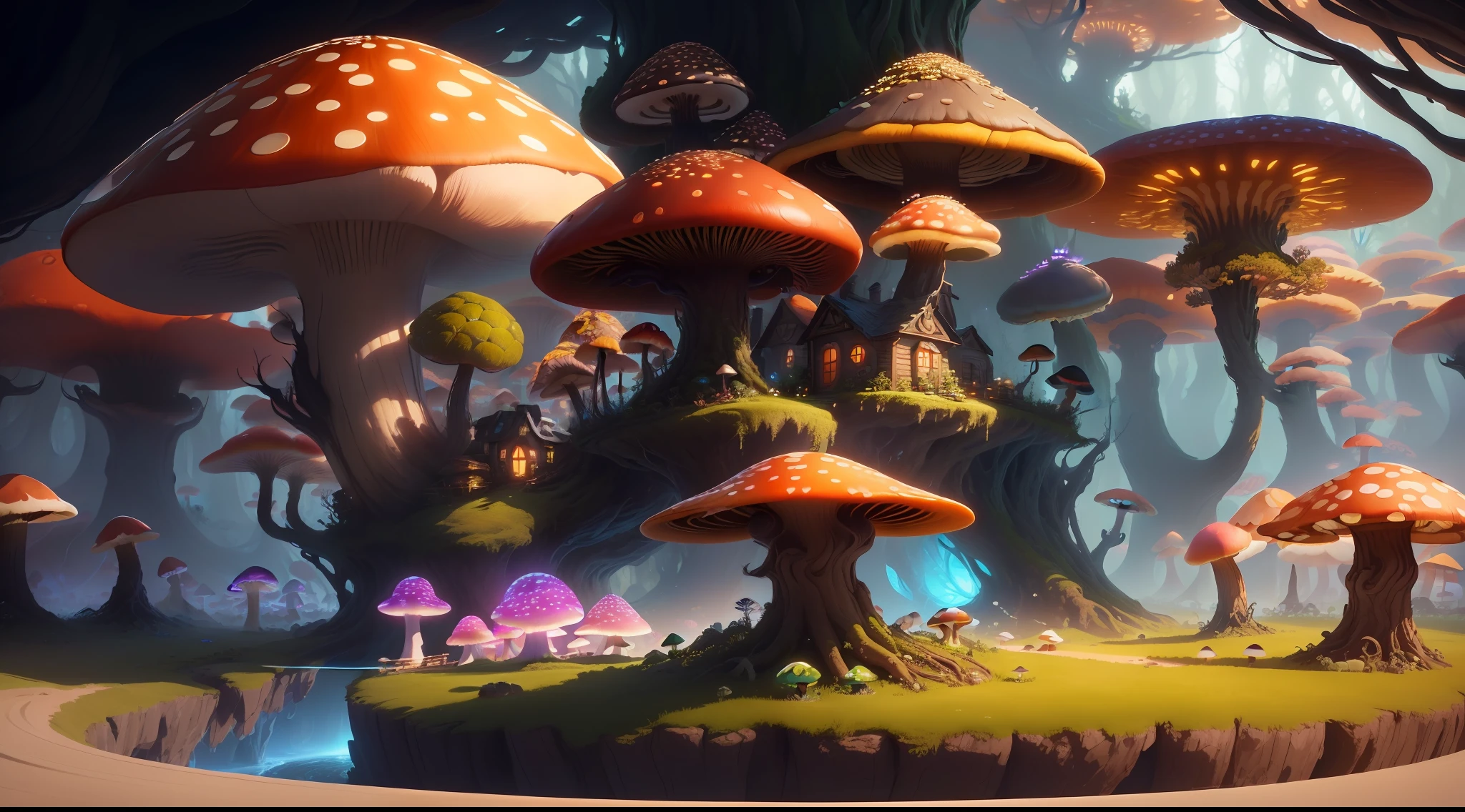 Close-up of a bunch of mushrooms in the forest, mushroom city, Mushroom forest, cyber mushroom city, mushroom house, forest made of mushrooms, mushroom trees, Stylized concept art, mushroom house, 3 d render stylized, Mushrooms are everywhere, Detailed digital 2D fantasy art, houses in the shape of mushrooms, magical fantasy 2 d concept art