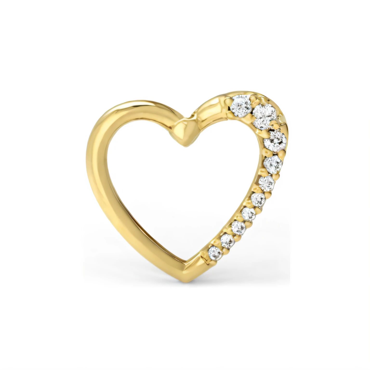 a diamond ring shaped like a heart of gold with a single diamond, anel nasal, banhado a ouro, 3D 16K, Perfurado, "Diamantes, vista trimestral, 360, Heart, small heart - shaped face, forming a heart with the neck, com pedras preciosas cintilantes no topo, sonhador, 1 4 4 p, piercing septal, 144p, 9k