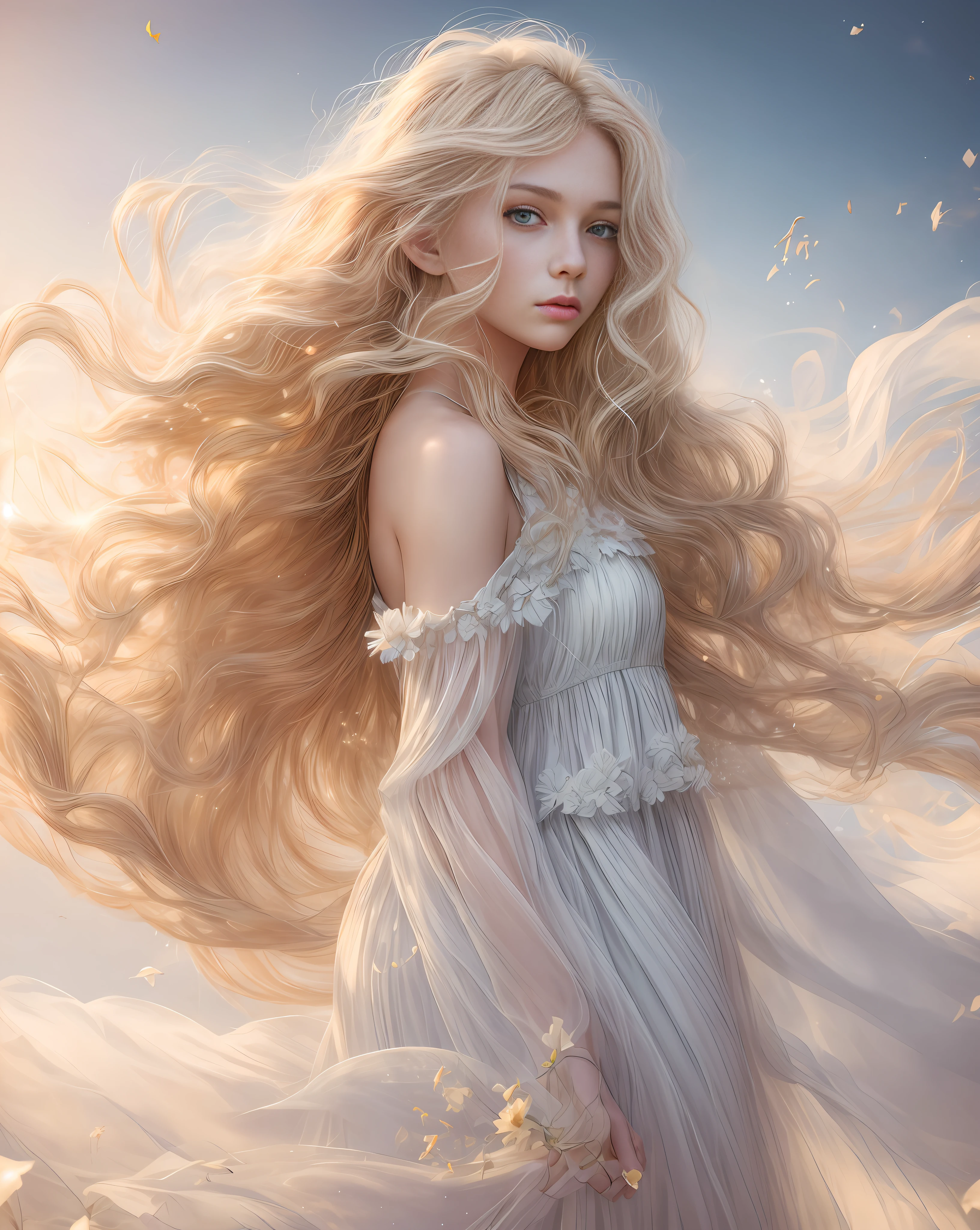 (best quality, masterpiece), young woman, pose, particle, wind, flower, upper body, simple background, looking at viewer, long curly windblown blonde and platinum hair, galaxy,backlit,rimlight,beautiful artwork, perfect composition