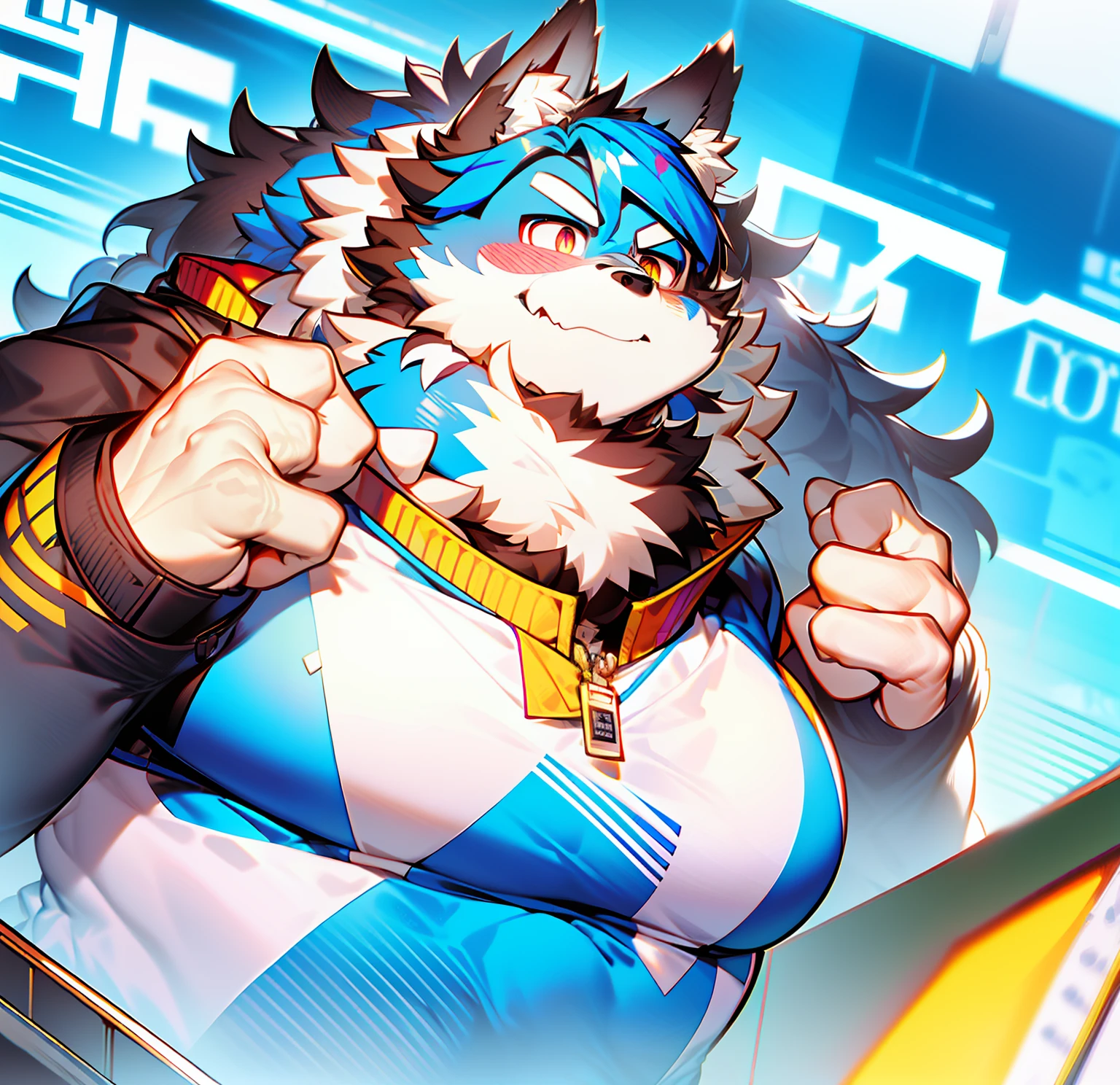 coyote,Furry,Blue pattern,Black hair,musculature,Muscle men,nakeness,Strong,ultraclear,Has a large ,Collar,Black shorts,Black sclera,red pupils,Abs,Yellow coat,The erection,Collar,Has a large ,der riese,tit,Solo,Stout arms,Storm jacket,Badge,Pronounced abs,ssmile,lbeard,Dim lighting,Dark atmosphere,subway station background,Dim light,Urban style,hold fists,Big Dick