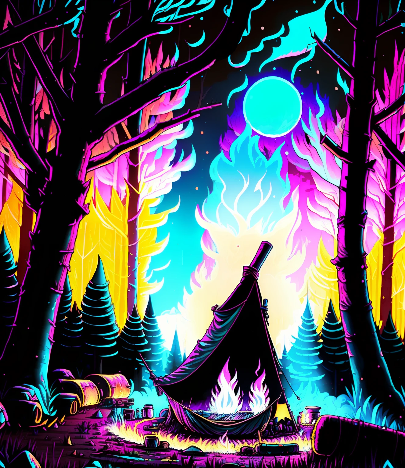 a campfire in the woods with a full moon