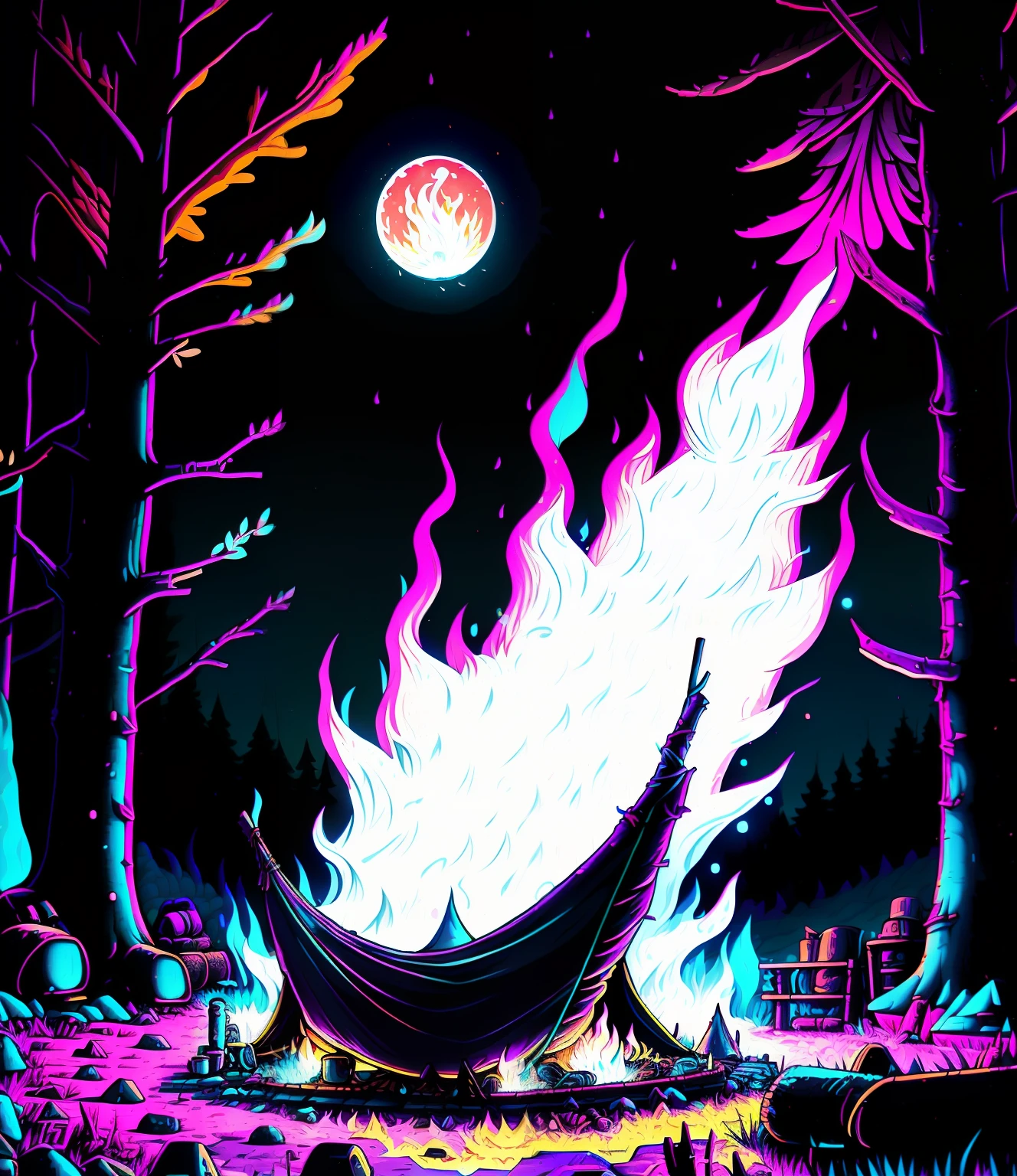a campfire in the woods with a full moon