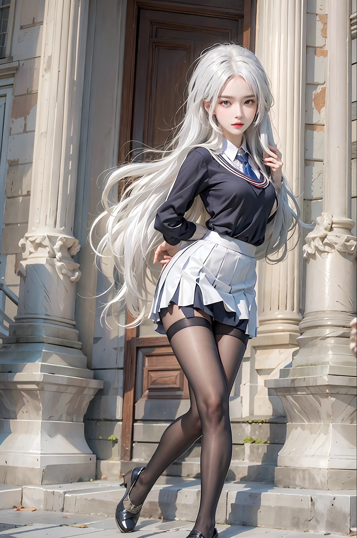 photorealistic, high resolution, 1women, solo, hips up, look at viewer, (detailed face), white hair, long hair, school uniform, skirt, stockings