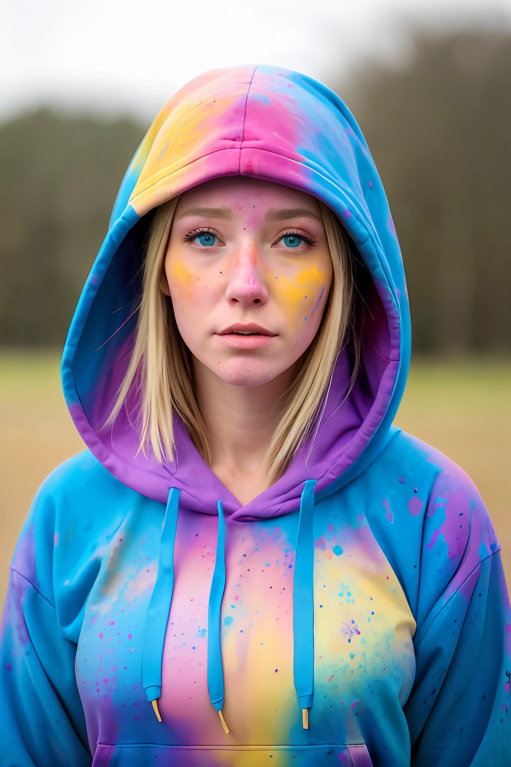 beautiful American college woman, wearing hoodie, looking at viewer, holi color festival, portrait, hyper detailed POV, by lee jeffries, nikon d850, film stock photograph ,4 kodak portra 400 ,camera f1.6 lens ,rich colors ,hyper realistic ,lifelike texture, dramatic lighting , cinestill 800,