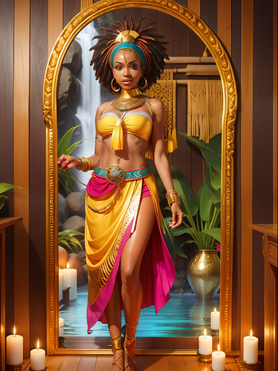 Orisha oxum, Candomblé costumes, Candomblé Skirt African Goddess, African accessories, Skirt with conch shells, cinto dourado, colares Zulu, Nigeria, inspirada em Hale Bailey, cachoeira, lilies, Afrofuturismo, misticismo, Cultura Africana, maquiagem tribal, Orisha oxum, com colar em torno do estilo africano, com seios nus adornados com pulseiras douradas;, saia longa dourada, belt with gold coins and whelks, braided hair and mirror in hand in a waterfall with white lilies on feet,Oxum was queen In her right hand she had her mirror where she lived to look at herself