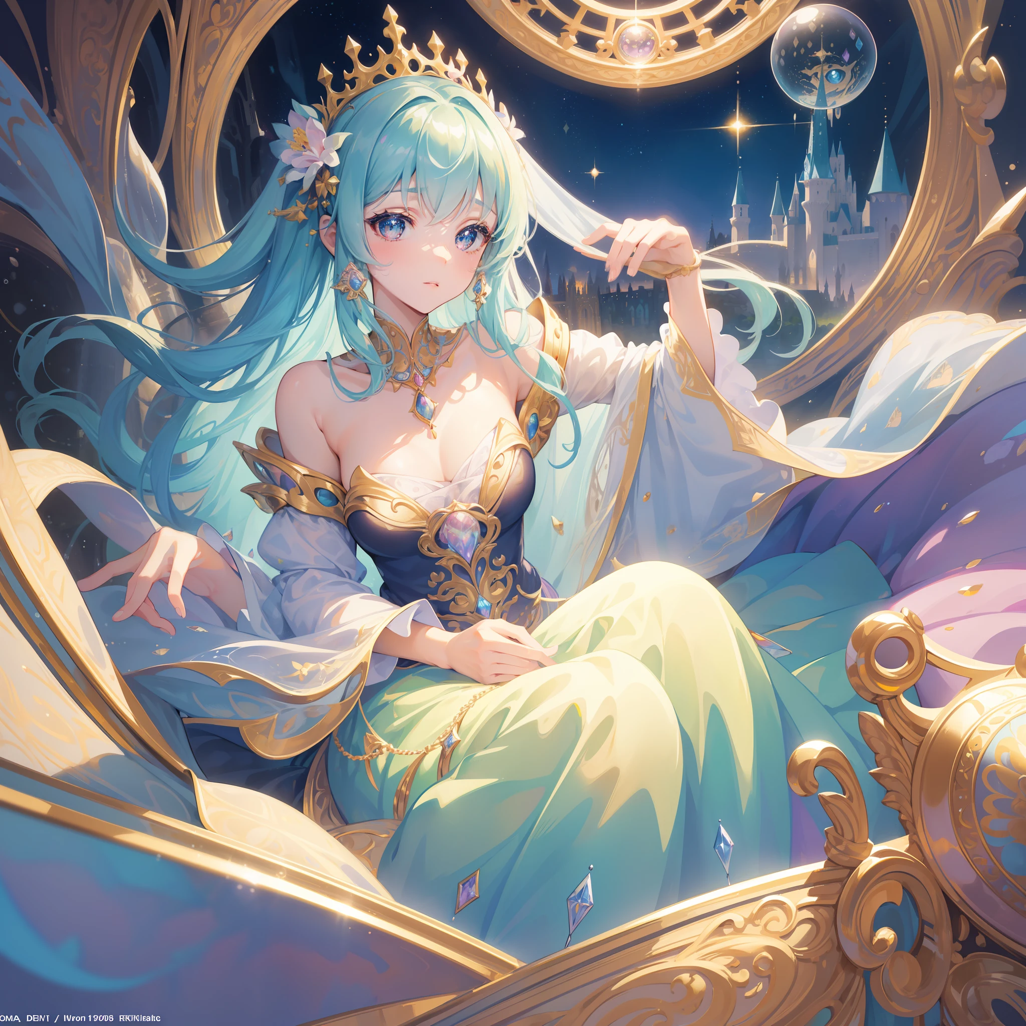 masterpiece, best quality, 8k resolution, sharp focus, intricate detail, beautiful girl, sparkling eyes, golden ratio face, otherworldly liquid, watercolor, ((pastel colors)), bright colors, whimsical, colorful, sharp focus, high resolution, fine detail, princess fantasy ballgown, ((round eyes)), iridescent bubbles, castle landscape in background