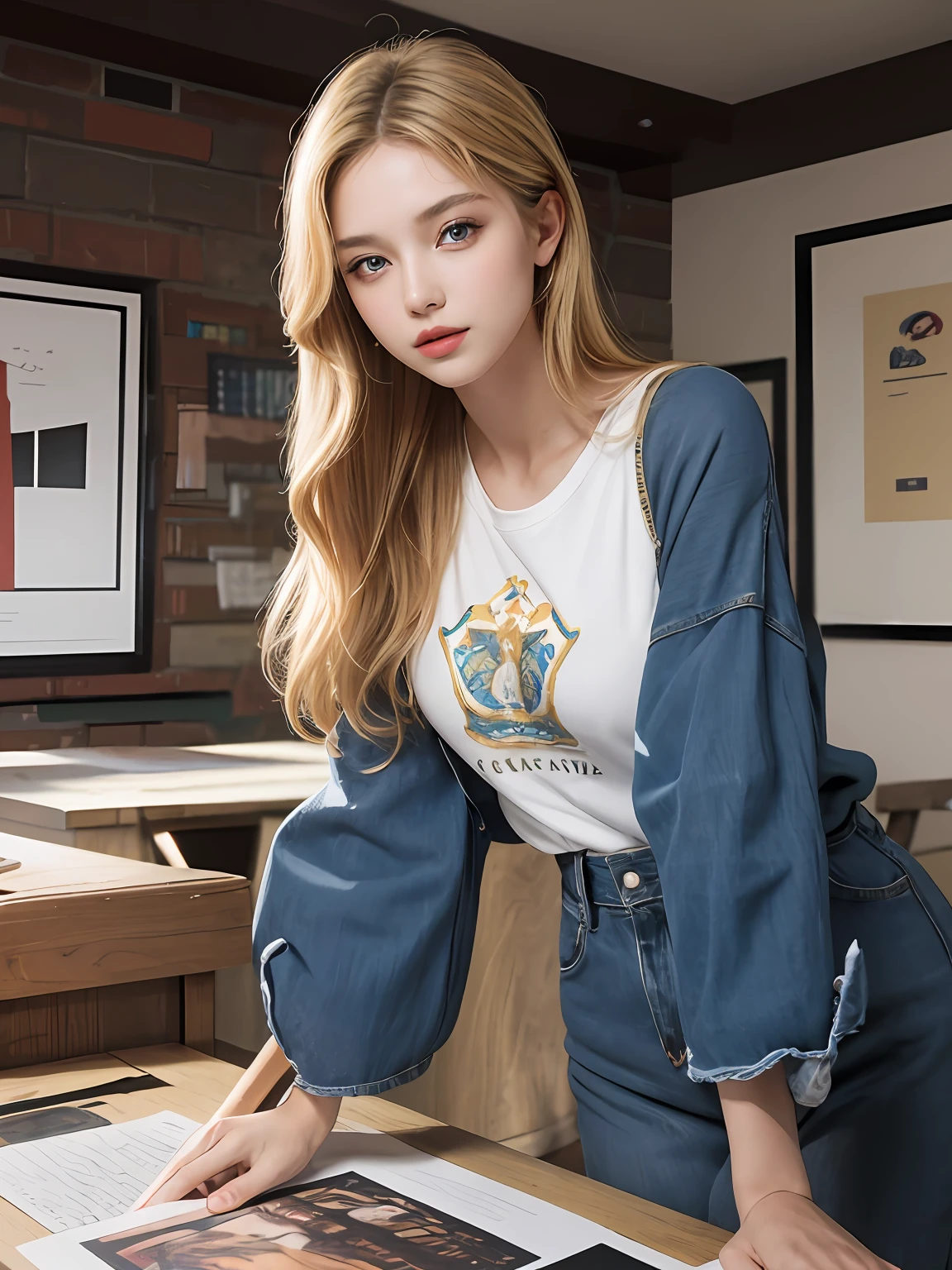 A magnificent sculpture, with the best picture quality and high resolution, featuring a beautiful 26-year-old Russian girl. The details are portrayed exquisitely, with her stunning blue double-eyelids eyes, beautiful skin, and an incredibly sharp and realistic image (reality: 1.4). Her face appears slightly younger, and her skin is smooth and slender, giving a sense of hyperrealism and illustration. The artwork is presented in high resolution (8K), providing the most beautiful and impressive details, especially in the meticulously drawn eyes.
In the painting, she is depicted holding some cardboard boxes, standing at a post office. The bright and professional lighting highlights her long blonde hair and a yellow t-shirt with the words "BeeVN" written on the chest. She wears combat jeans. The setting is a post office with several carefully arranged parcels.
Pose: She is described as smiling and looking straight ahead. The portrait is highly detailed, emphasizing her facial features and exquisite characteristics.
This artwork is a true masterpiece, combining artistic talent and ultra-high resolution to create a captivating and attractive painting that mesmerizes the viewers.