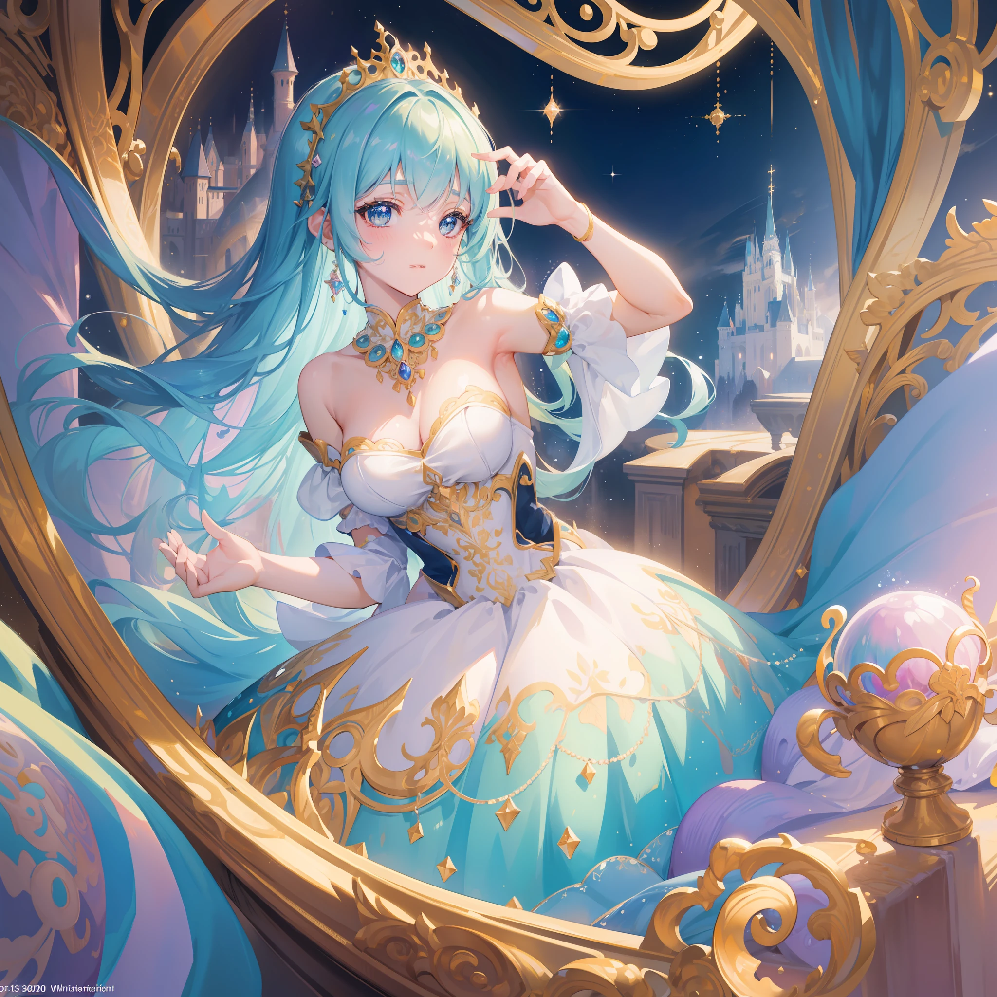 masterpiece, best quality, 8k resolution, sharp focus, intricate detail, beautiful girl, sparkling eyes, golden ratio face, otherworldly liquid, watercolor, ((pastel colors)), bright colors, whimsical, colorful, sharp focus, high resolution, fine detail, princess fantasy ballgown, ((round eyes)), iridescent bubbles, castle landscape in background