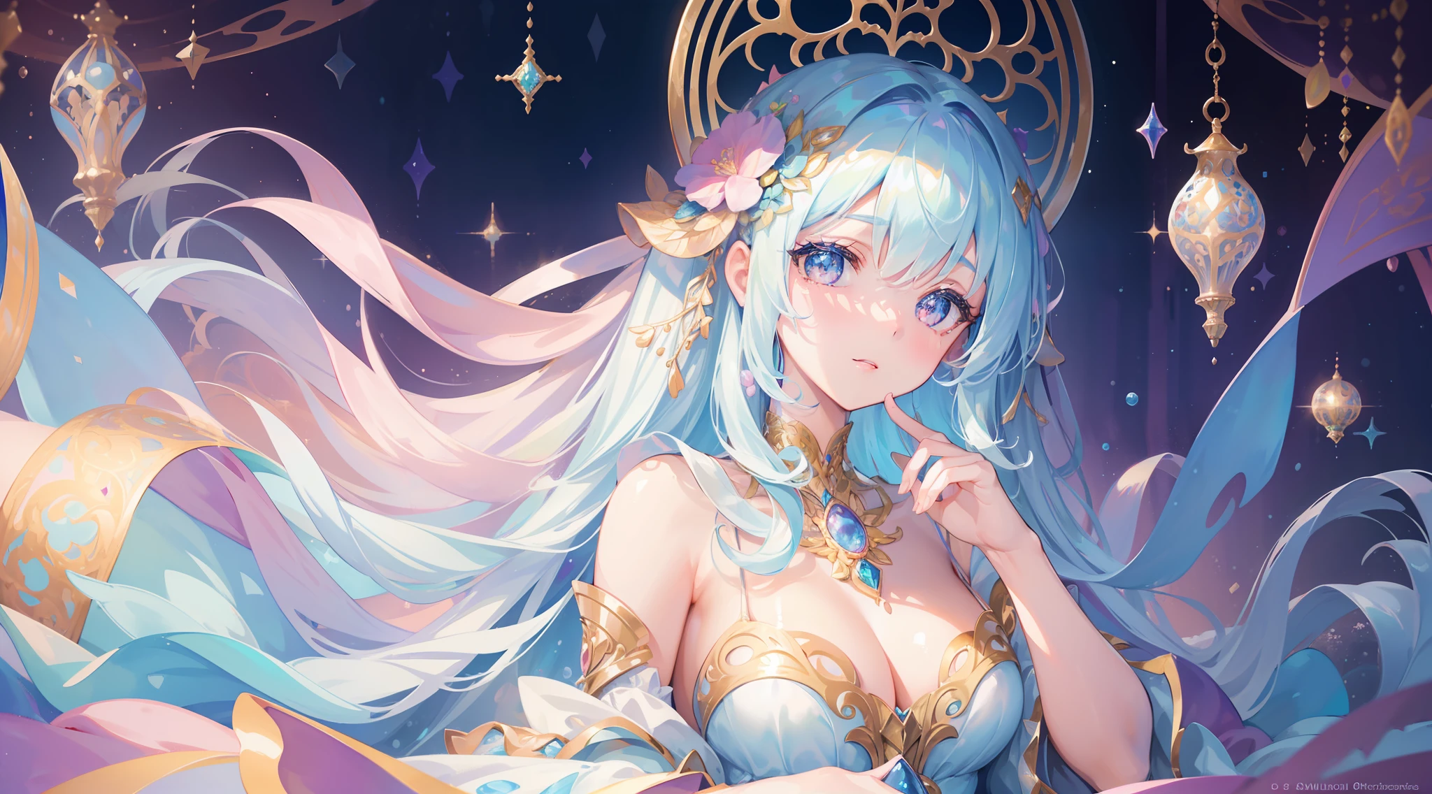 masterpiece, best quality, 8k resolution, sharp focus, intricate detail, beautiful girl, sparkling eyes, golden ratio face, otherworldly liquid, watercolor, ((pastel colors)), bright colors, whimsical, colorful, sharp focus, high resolution, fine detail, princess fantasy ballgown, ((round eyes)), iridescent bubbles, castle landscape in background