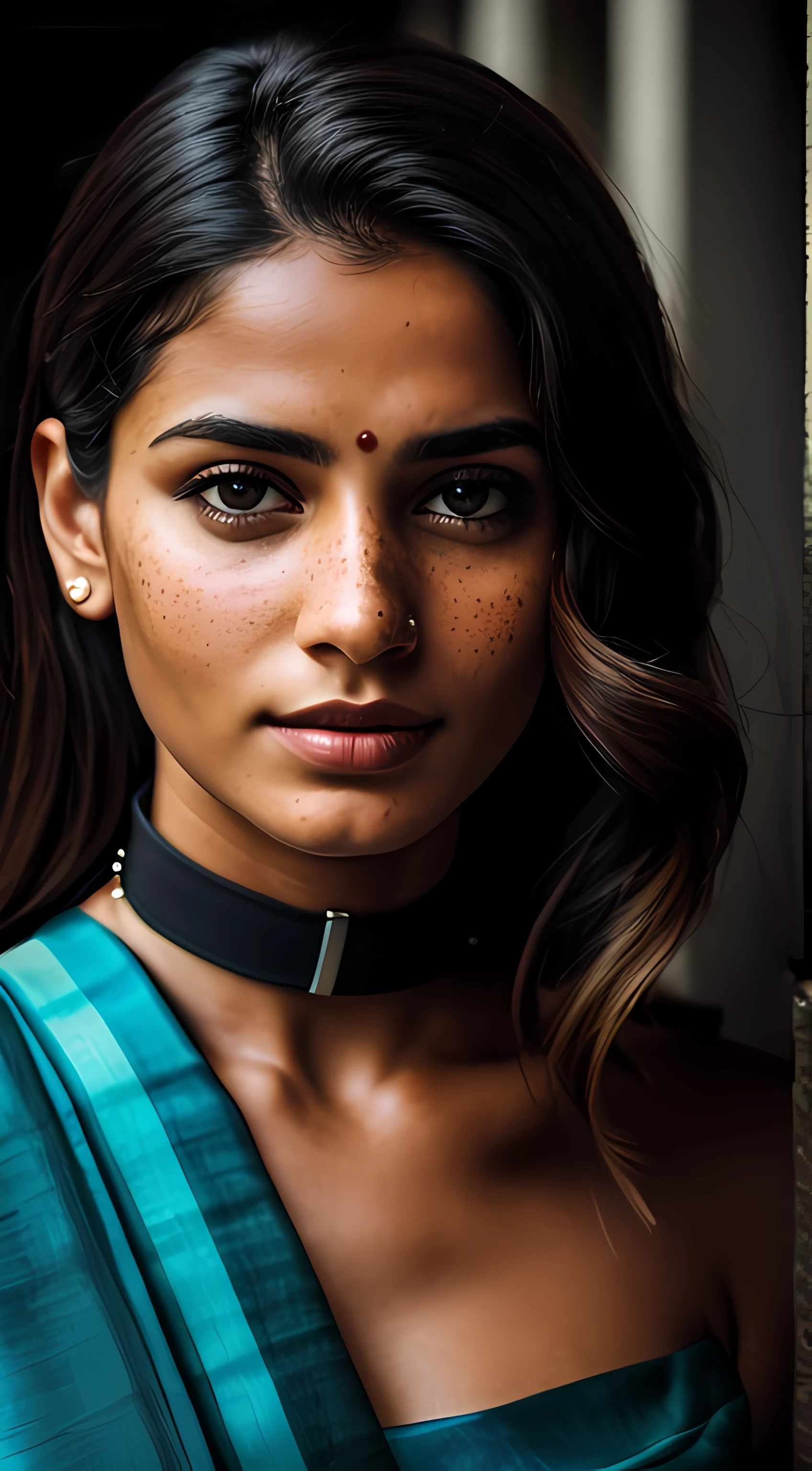 (8k, RAW photos, best image quality, masterpieces, : 1.2), (realistic, photorealistic: 1.37), film grain, photo, rule of thirds, dramatic lighting, medium hair, detailed face, detailed nose, woman wearing saree, freckles, collar or choker, smirk, Kolkata street, Howrah, India, realism, realistic, raw, analog, woman, photorealistic, analog, realism, full body
