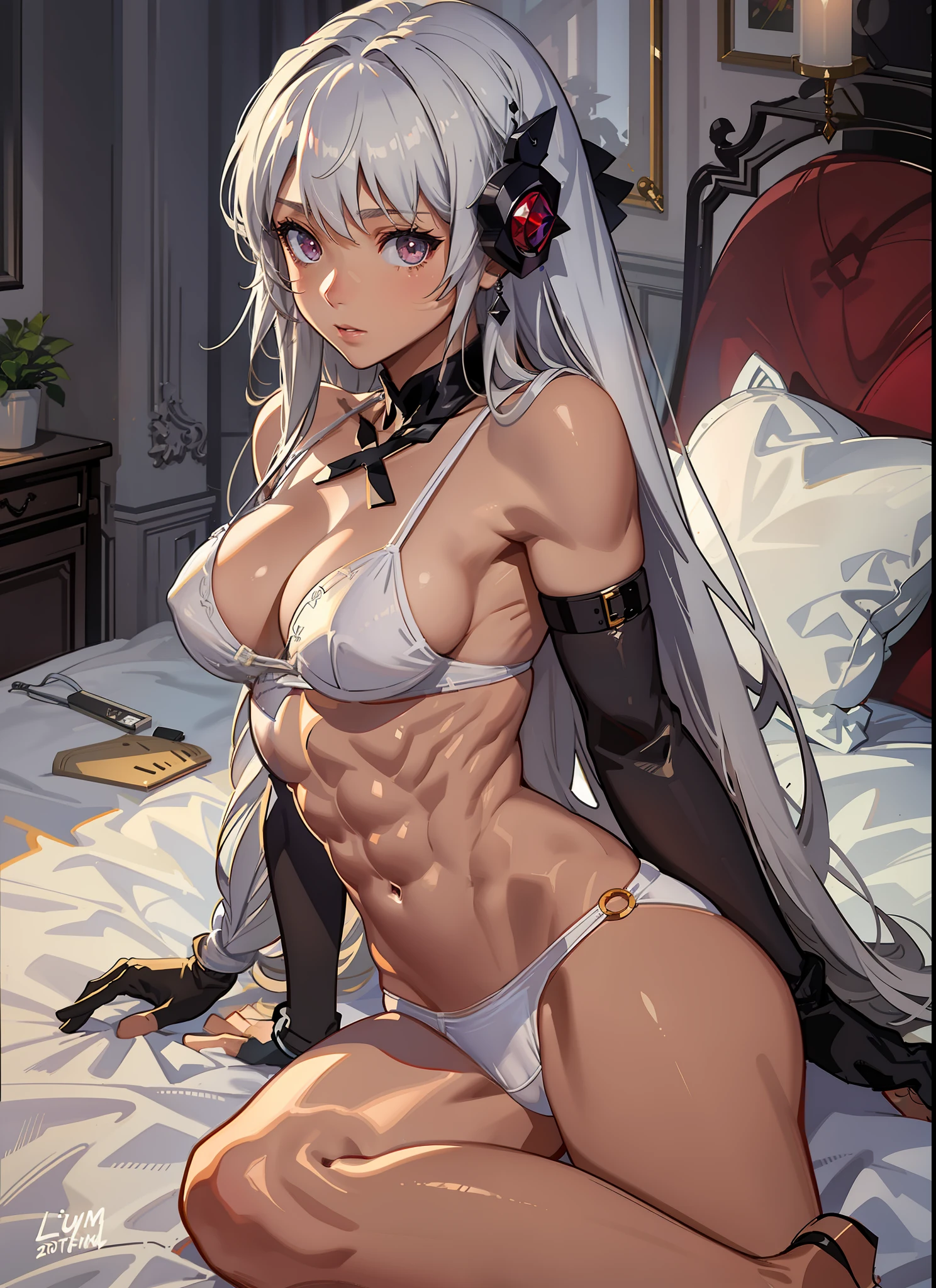 ((((An ultra-high picture quality、Fine-grained image quality、masuter piece、top-quality、Long body、large full breasts、Brown skin color、Silvery hair、Long hair、Red ruby-like eyes、lyin in bed、Dynamism、Crouching regime、lyin in bed、opens legs、M-shaped legs、A look of shame、darkened room、Dramatic light、Beautiful abs、White Bikini、White lingerie))))、(((Very marked camel toe))),((((darkskin)))),((sun burn))、Realistic skin type、an anime girl、Detailed Digital Anime Art、A seductive anime girl、extremely detailed art germ、a hyperrealistic schoolgirl、Ilyakukvshinov、Smooth Anime CG Art、Ultra Realistic Woman、ig model、ArtGerm、photo-realistic anime girl、digital anime art