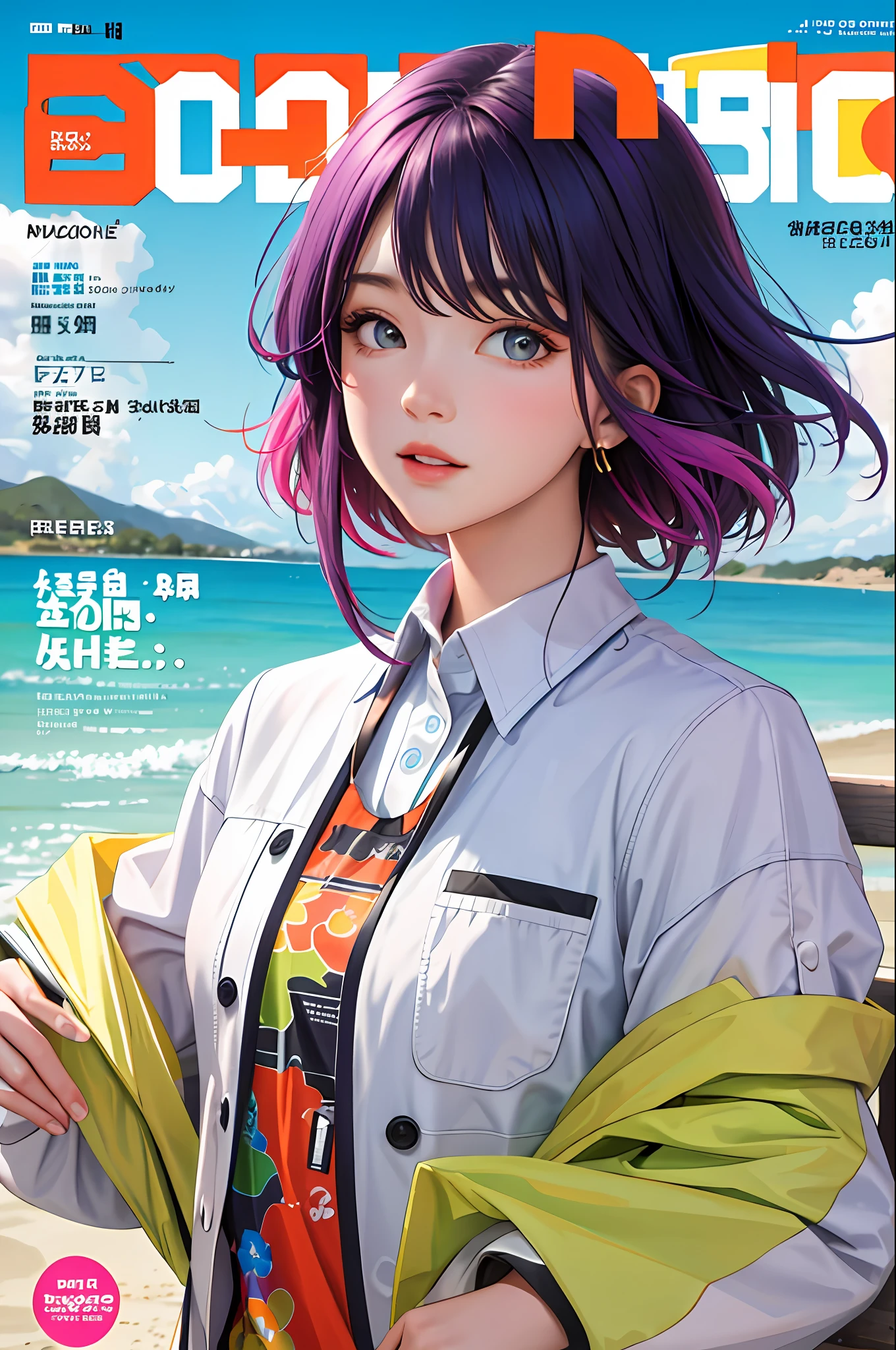 masterpiece, best quality, spring outfit, colorful hair, outdoor, magazine cover ,upper body,