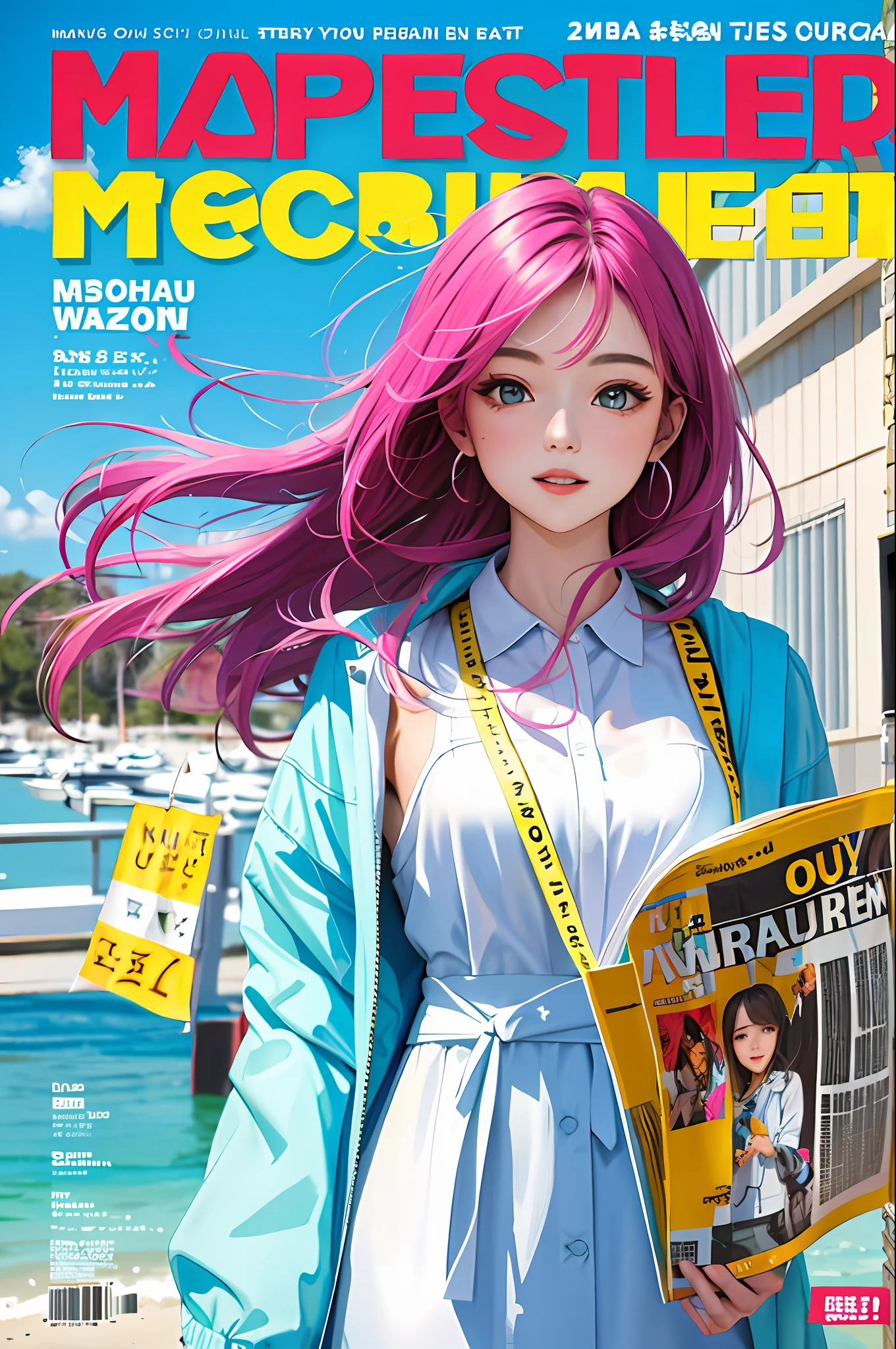 masterpiece, best quality, spring outfit, colorful hair, outdoor, magazine cover ,upper body,