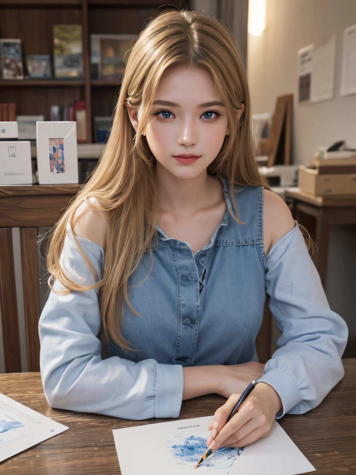 A magnificent sculpture, with the best picture quality and high resolution, featuring a beautiful 26-year-old Russian girl. The details are portrayed exquisitely, with her stunning blue double-eyelids eyes, beautiful skin, and an incredibly sharp and realistic image (reality: 1.4). Her face appears slightly younger, and her skin is smooth and slender, giving a sense of hyperrealism and illustration. The artwork is presented in high resolution (8K), providing the most beautiful and impressive details, especially in the meticulously drawn eyes.
In the painting, she is depicted holding some cardboard boxes, standing at a post office. The bright and professional lighting highlights her long blonde hair and a yellow t-shirt with the words "BeeVN" written on the chest. She wears combat jeans. The setting is a post office with several carefully arranged parcels.
Pose: She is described as smiling and looking straight ahead. The portrait is highly detailed, emphasizing her facial features and exquisite characteristics.
This artwork is a true masterpiece, combining artistic talent and ultra-high resolution to create a captivating and attractive painting that mesmerizes the viewers.