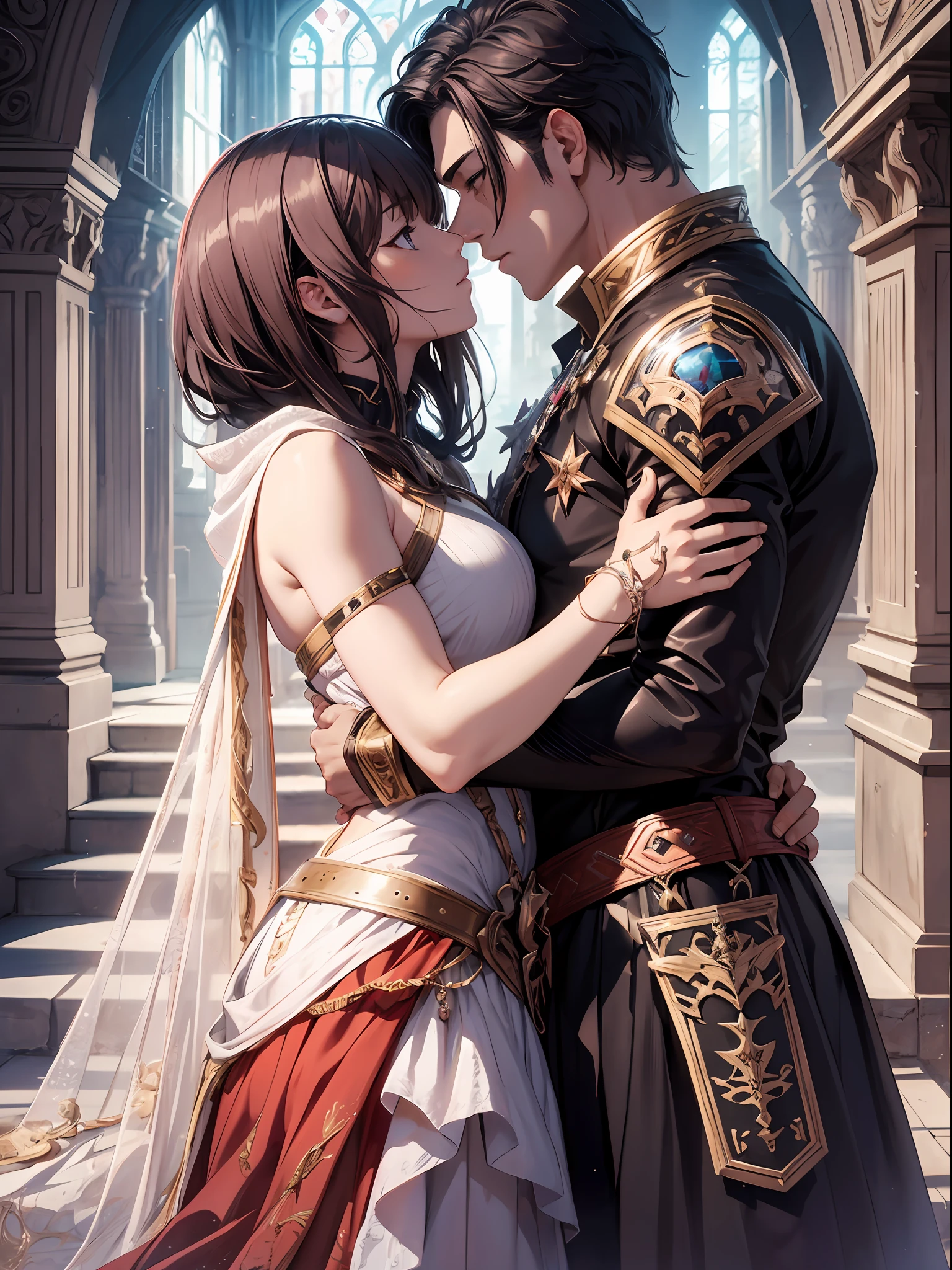 official art, unity 8k wallpaper, ultra detailed, beautiful and aesthetic, High quality, beautiful, masterpiece, best quality, a male muscular warrior arm veins, kissing a princess, (kissing), hugging, romantic, love, fantasy, castle