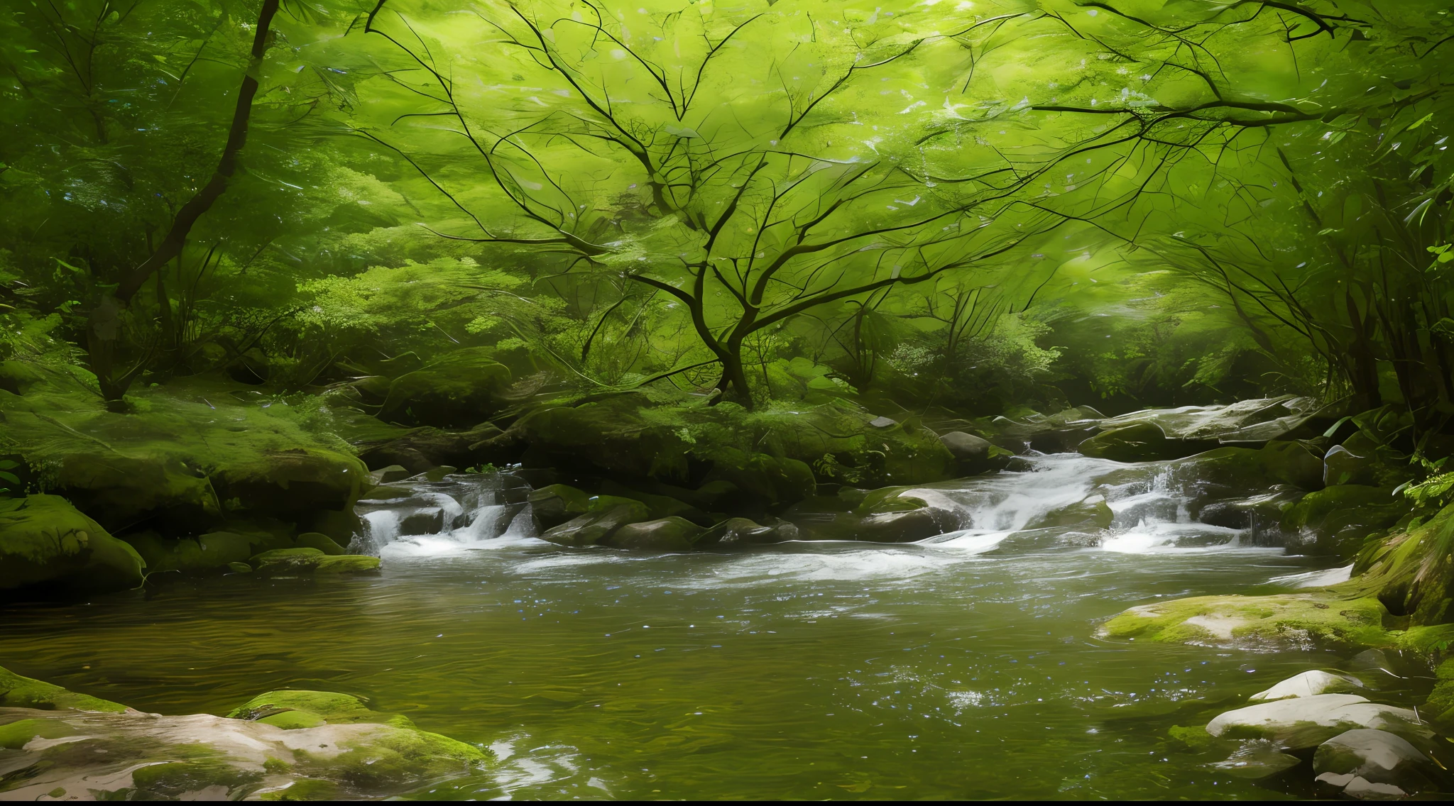 small stream，tree branch，limpid，green plant，Stream water reflects