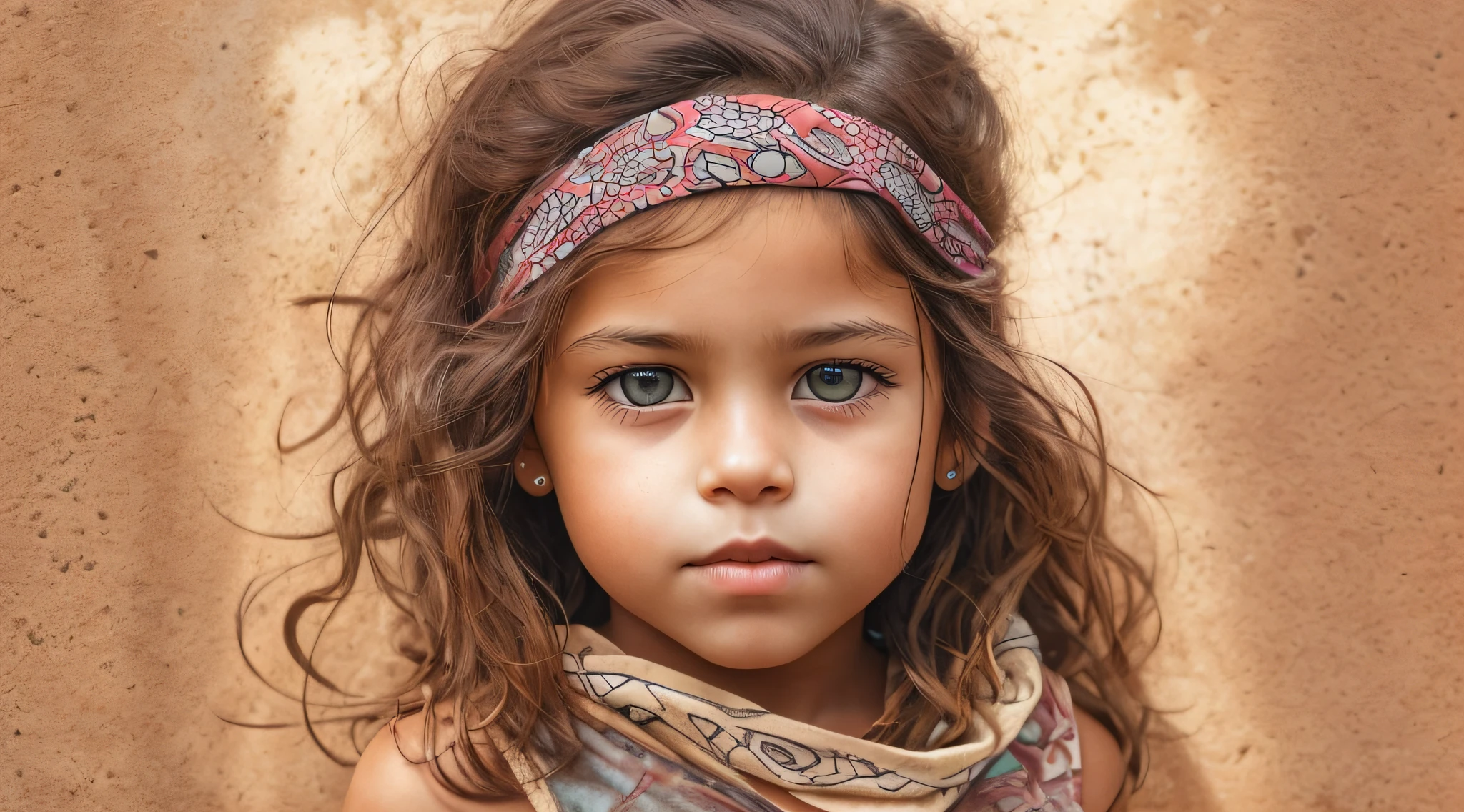 PORTRAIT, CRU, Beautiful face of CHILD , cabelo rosa, olhos roxos, bonito, bandana on head,