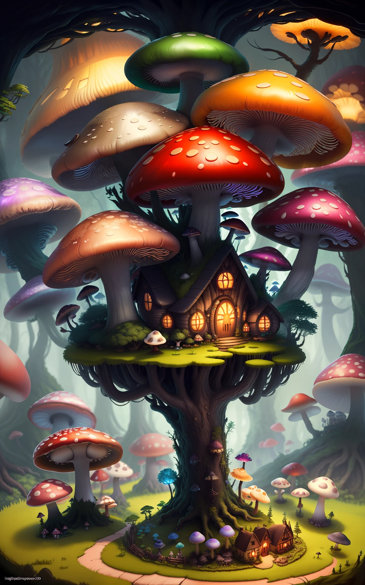 Close-up of a bunch of mushrooms in the forest, mushroom city, Mushroom forest, cyber mushroom city, mushroom house, forest made of mushrooms, mushroom trees, Stylized concept art, mushroom house, 3 d render stylized, Mushrooms are everywhere, Detailed digital 2D fantasy art, houses in the shape of mushrooms, magical fantasy 2 d concept art
