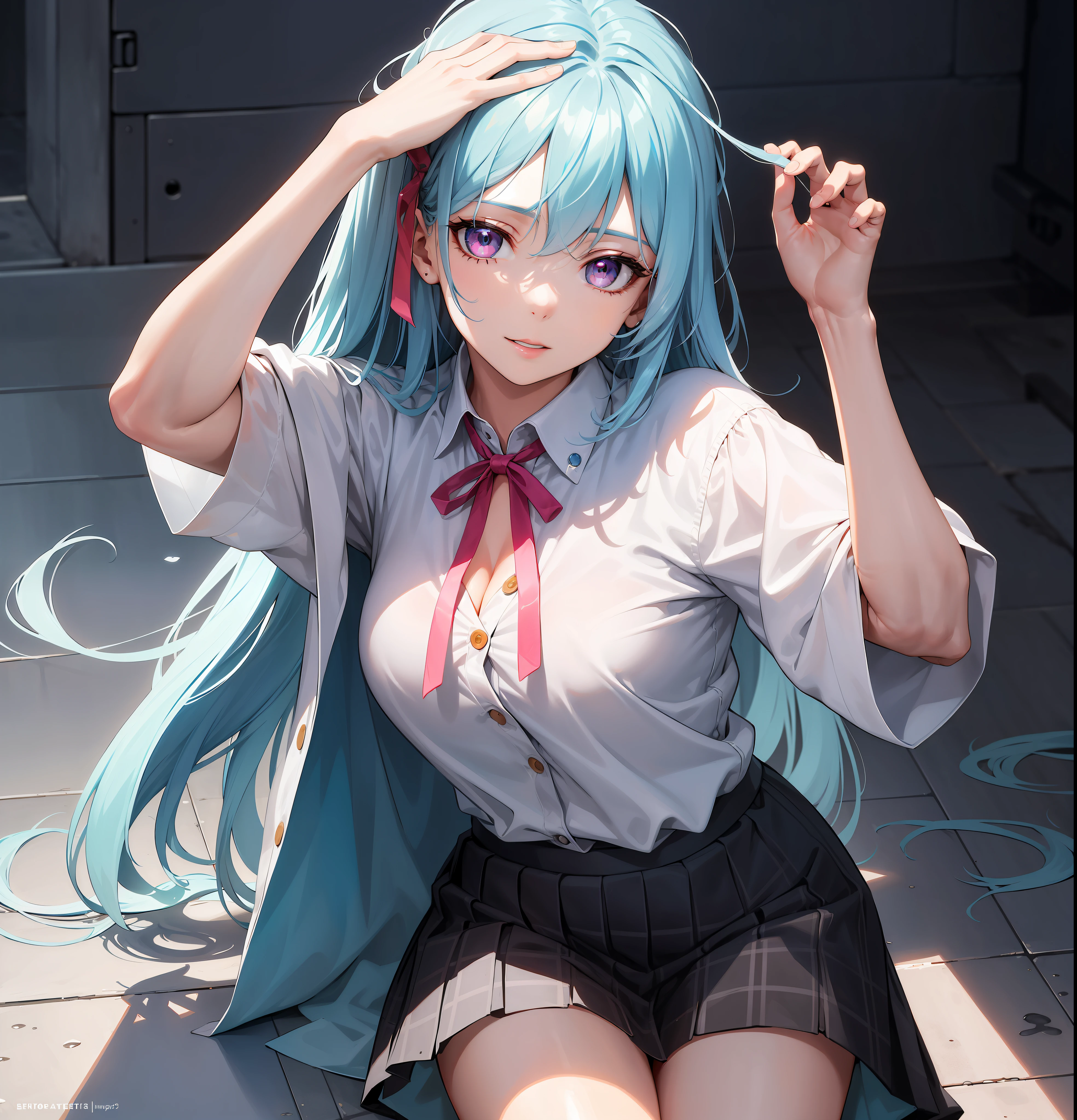 (detailed beautiful eyes and detailed face, masterpiece side light, masterpiece, best quality, detailed, high resolution illustration), (1 girl, beautiful girl, shiny skin, looking down, looking at viewer), ( Sky blue hair, pink eyes, skirt, ribbon, button-down shirt) (sideways, A person raises his hands and touches the back of his head with both hands, charming expression) (45-degree downward view)