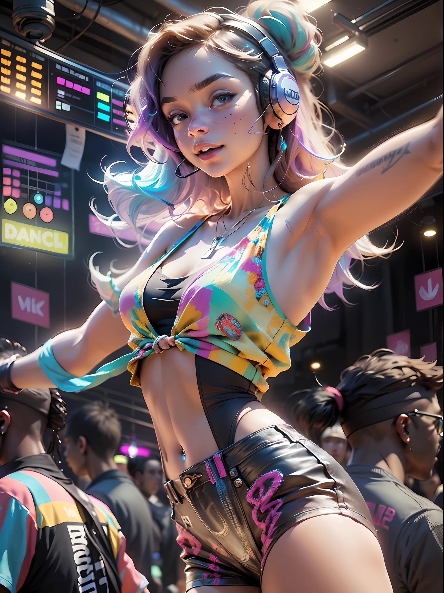 upper body,  female dj, colorful clothes , quirky, vibrant appearance,  playful accessories, creative behavior, imaginative, sensual, spontaneous, dj headphones, mixing console, music club, night club, indie theaters, people dancing on the dance floor background,  underground danceclub,  highest quality, skin texture, intricate details, (cinematic lighting), RAW photo, 8k