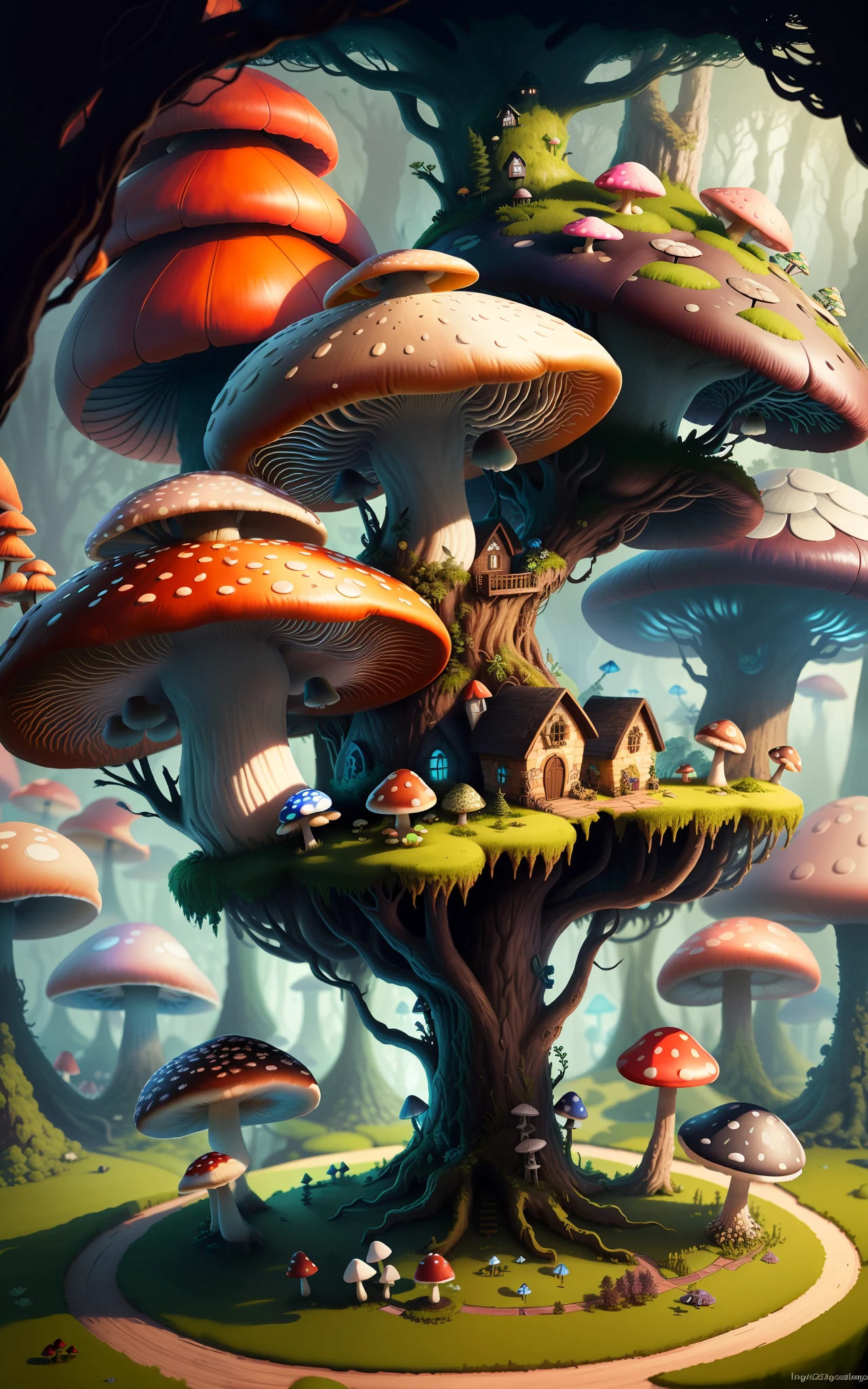 Close-up of a bunch of mushrooms in the forest, mushroom city, Mushroom forest, cyber mushroom city, mushroom house, forest made of mushrooms, mushroom trees, Stylized concept art, mushroom house, 3 d render stylized, Mushrooms are everywhere, Detailed digital 2D fantasy art, houses in the shape of mushrooms, magical fantasy 2 d concept art