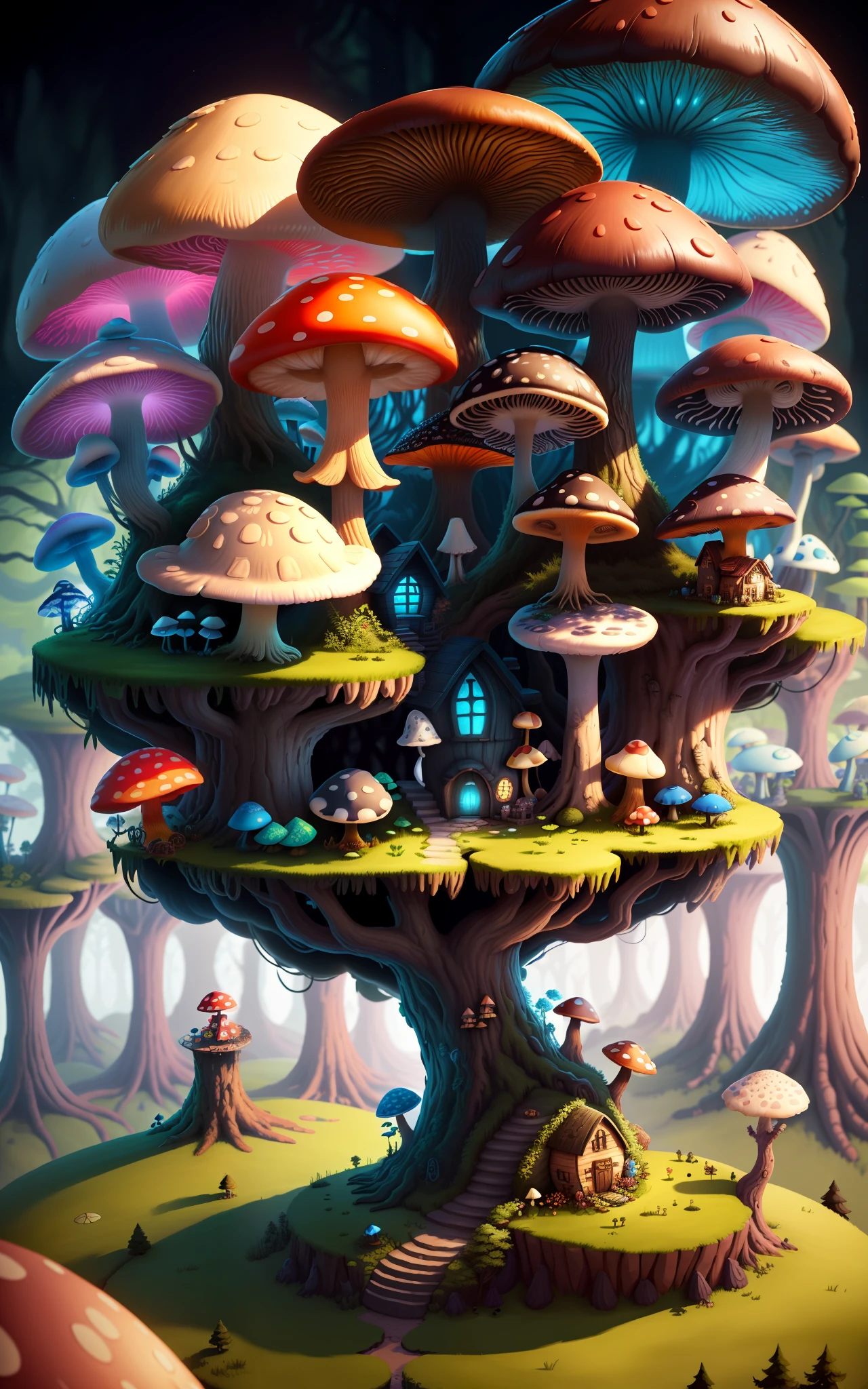Close-up of a bunch of mushrooms in the forest, mushroom city, Mushroom forest, cyber mushroom city, mushroom house, forest made of mushrooms, mushroom trees, Stylized concept art, mushroom house, 3 d render stylized, Mushrooms are everywhere, Detailed digital 2D fantasy art, houses in the shape of mushrooms, magical fantasy 2 d concept art