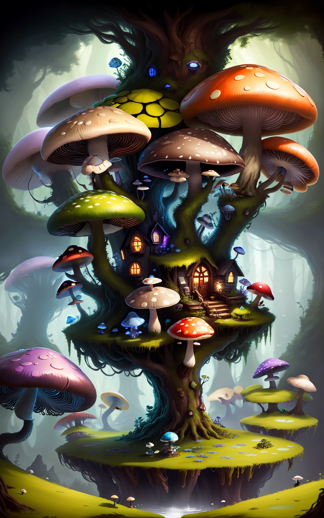 Close-up of a bunch of mushrooms in the forest, mushroom city, Mushroom forest, cyber mushroom city, mushroom house, forest made of mushrooms, mushroom trees, Stylized concept art, mushroom house, 3 d render stylized, Mushrooms are everywhere, Detailed digital 2D fantasy art, houses in the shape of mushrooms, magical fantasy 2 d concept art