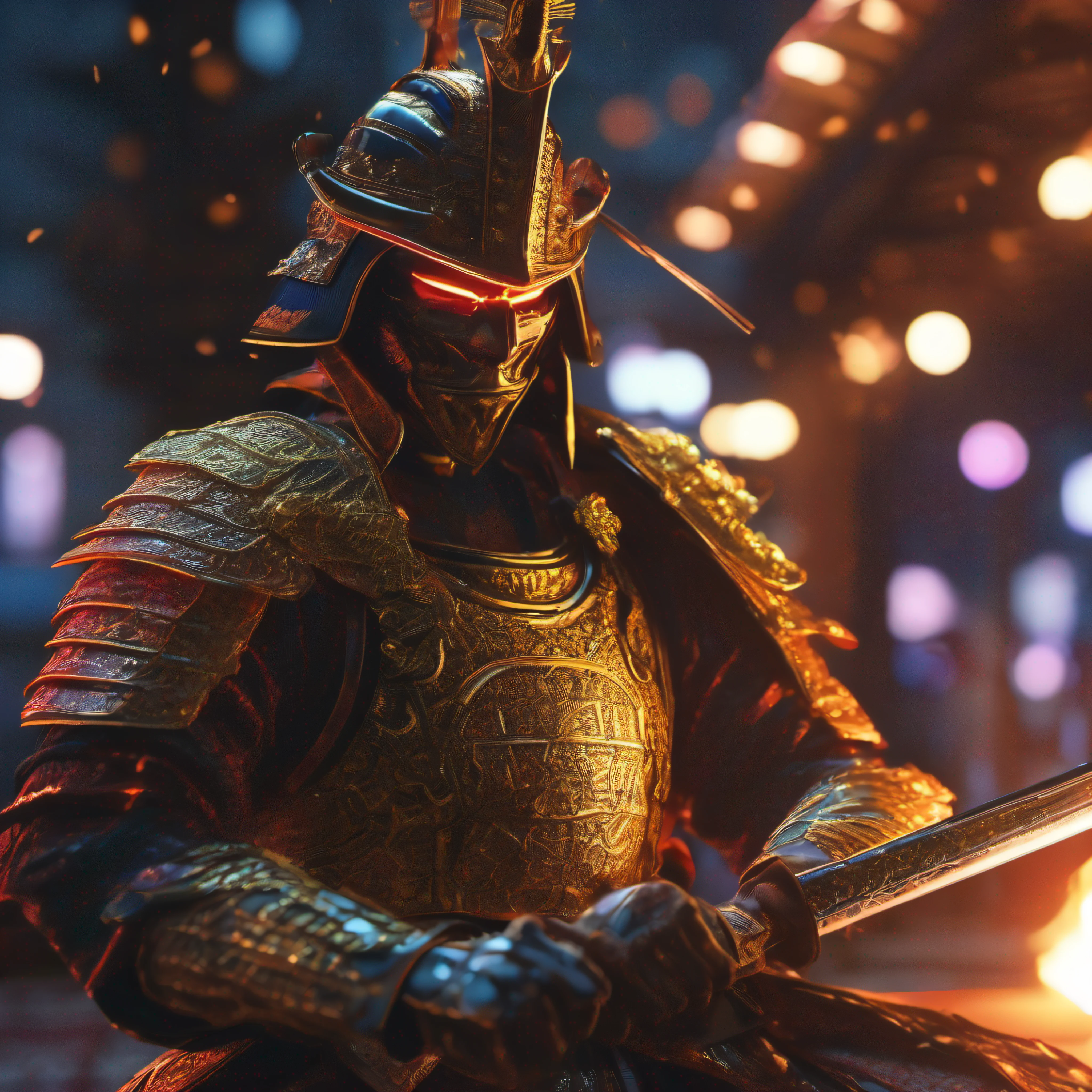 The sinister depiction of a neon-skinned samurai, longa cabeleira brilhante como a cauda de um cometa, alaranjado luminoso e bege com dourado, pele feita de neon amarelo, 3D-rendering, Hyper-realistic graphics, 3D-rendering, 8k, NVIDIA, RTX 4090 | | | | | | | | | | | | | | | | | | | | | |, ray tracing, Bokeh, noite estrelada e com uma enorme lua cheia ao fundo,
