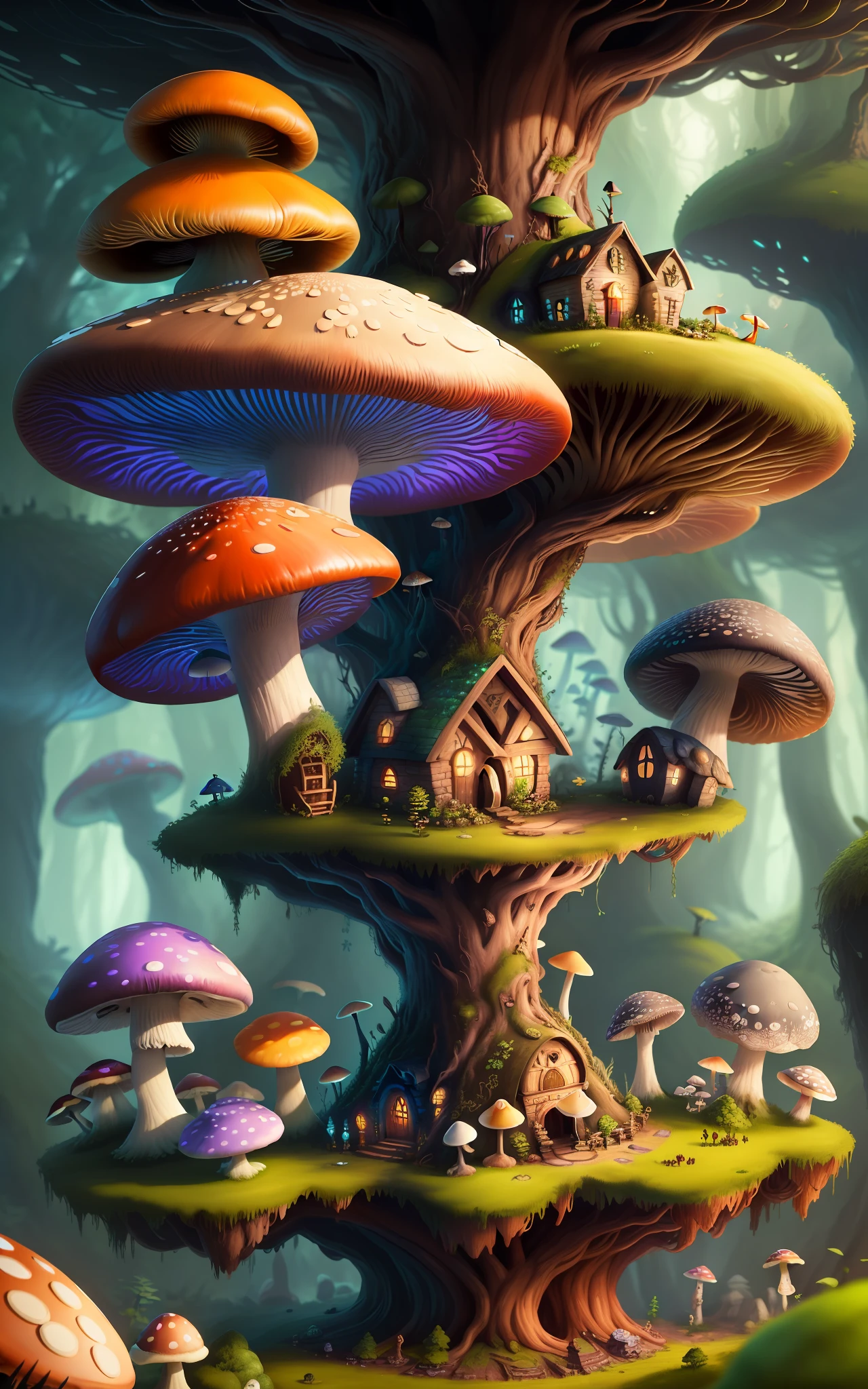Close-up of a bunch of mushrooms in the forest, mushroom city, Mushroom forest, cyber mushroom city, mushroom house, forest made of mushrooms, mushroom trees, Stylized concept art, mushroom house, 3 d render stylized, Mushrooms are everywhere, Detailed digital 2D fantasy art, houses in the shape of mushrooms, magical fantasy 2 d concept art