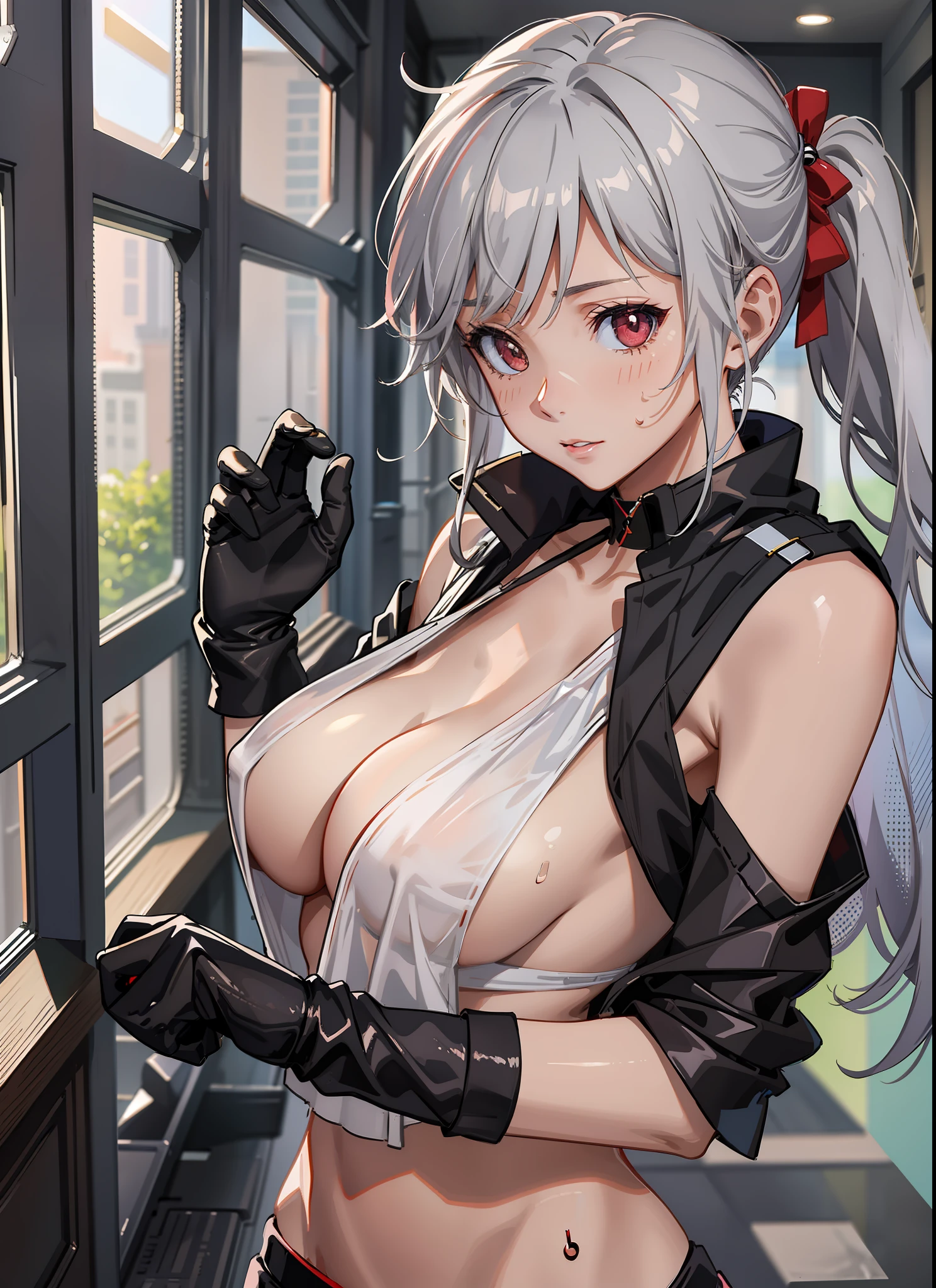 ((((masuter piece、top-quality、Long body、large full breasts、Brown skin color、Silver hair、Beautiful abs、Winter clothes with red ruby-like eyes、Gymnasium))))、((((Sweat、Wearing gym clothes in the gymnasium、student clothes))))、(((Very marked camel toe)))、(((Pose with emphasis on the chest)))、(((((Black skin))))),((((darkskin)))),((sun burn))、Realistic skin type、an anime girl、Detailed Digital Anime Art、A seductive anime girl、extremely detailed art germ、a hyperrealistic schoolgirl、Ilyakukvshinov、Smooth Anime CG Art、Ultra Realistic Woman、ig model、ArtGerm、photo-realistic anime girl、digital anime art