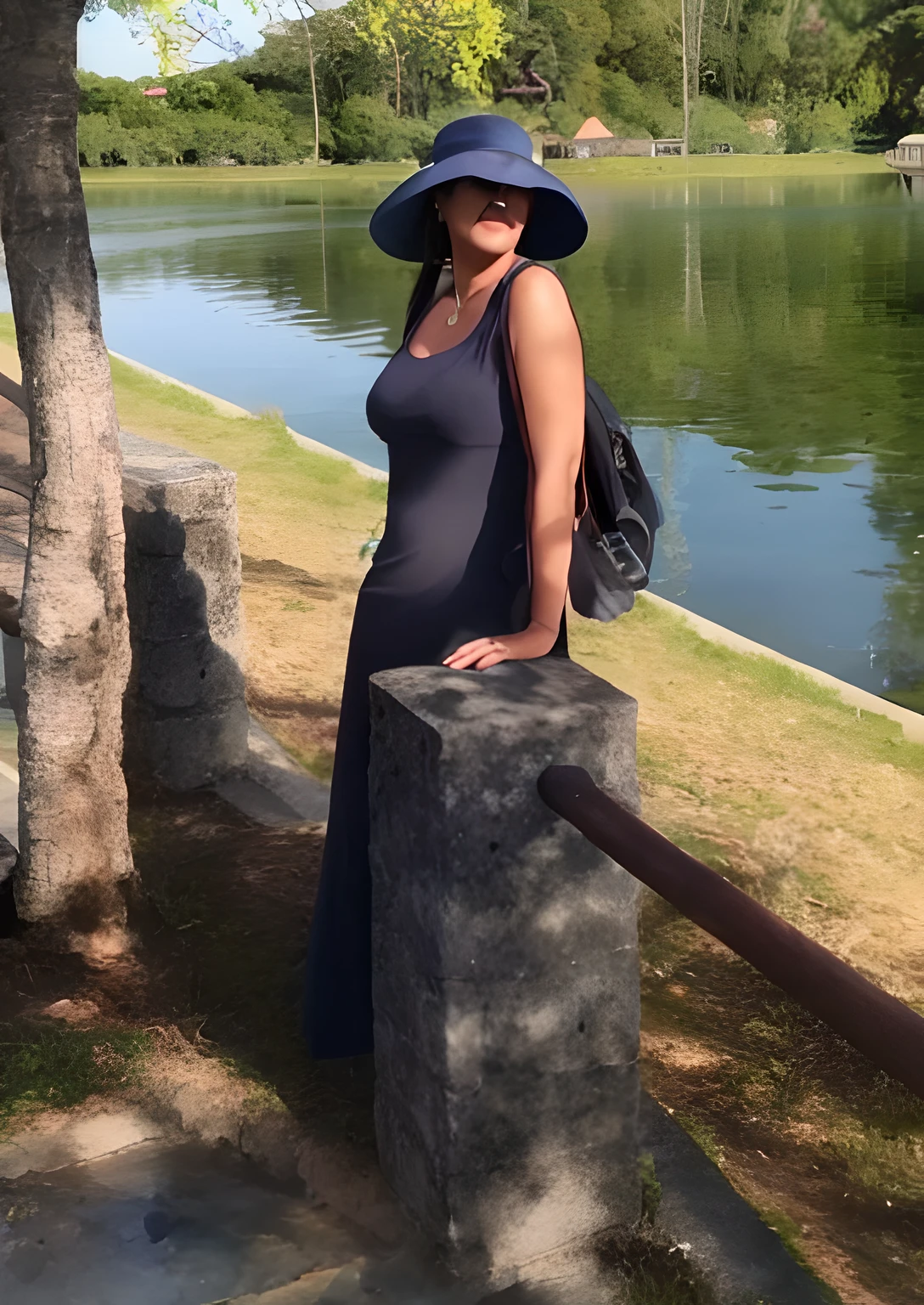 Arafed woman in hat and dress standing by the lake, at the waterside, in a black old dress and hat, in a black dress and hat, profile image, In a travel hat, beautiful surroundings, in the park and near the lake, near a lake, standing next to water, in the city park, On a sunny day, In a wide hat from the sun