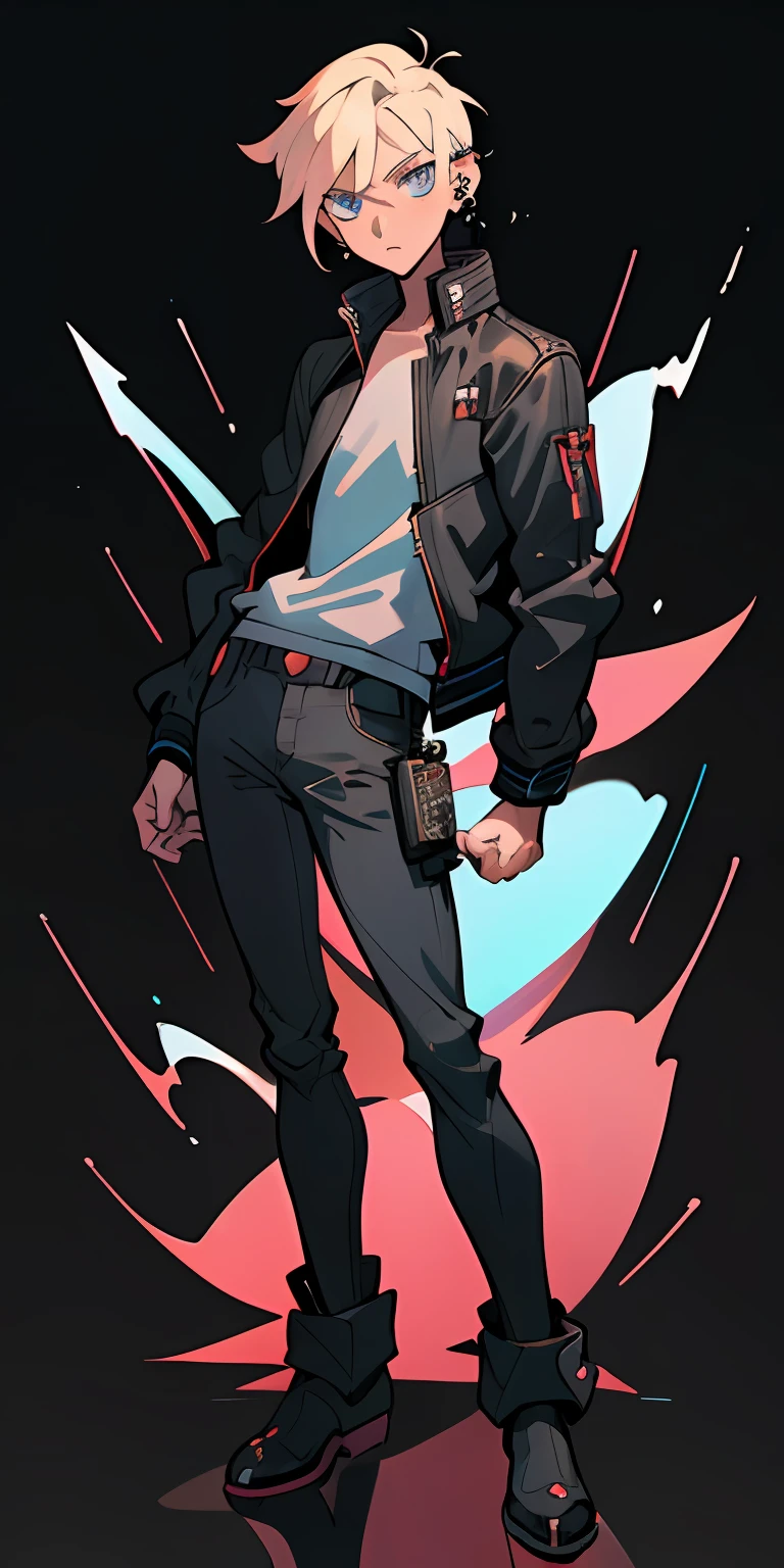 (beste-Qualit, tmasterpiece), Image of a guy in a shirt and leather jacket, Ear piercing One full-length character, single character full body, The character of the whole body, Tall anime guy with blue eyes, anime vtuber full body model, Full body with costume, Male anime character, anime full body illustration, full - body!!, Full-body sprite, Visual Novel Sprite. Just a black background. without shadow and glare