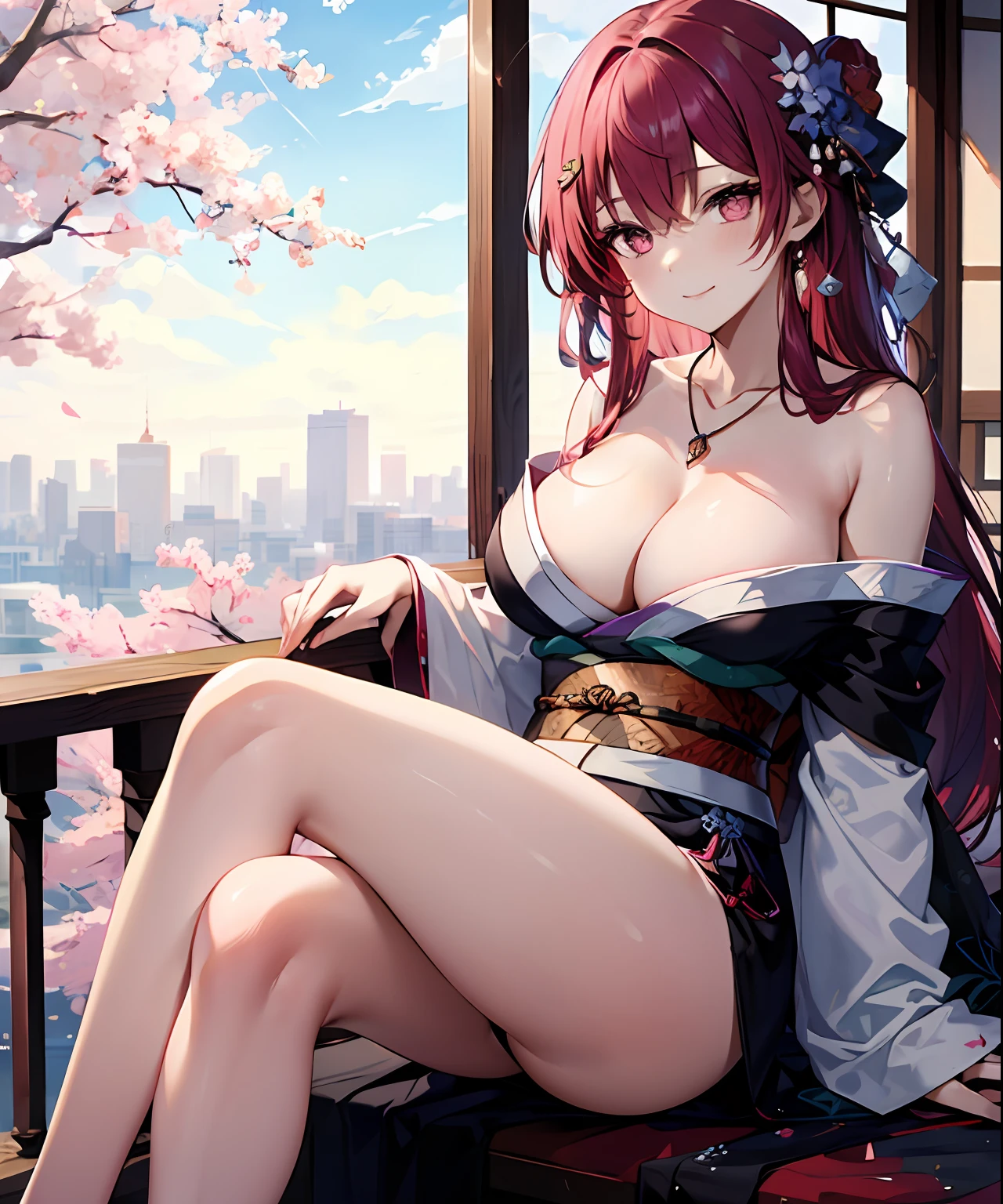 (masterpiece、top-quality)、Very sexy dress-up Japan anime style girl on the bed, leaning on a railing, 1girl in, breasts, Komono, Solo, Kimono, Jewelry, striated hair, multicolored hair, Hair Ornament,, Looking at Viewer, cleavage, thighs thighs thighs thighs, Smile, off shoulders, Pink eyes, Large breasts, Bare shoulders, Sitting, Red hair, Necklace, Bracelet, Long hair, , 鎖骨, Obi, sash, Bangs, Closed mouth