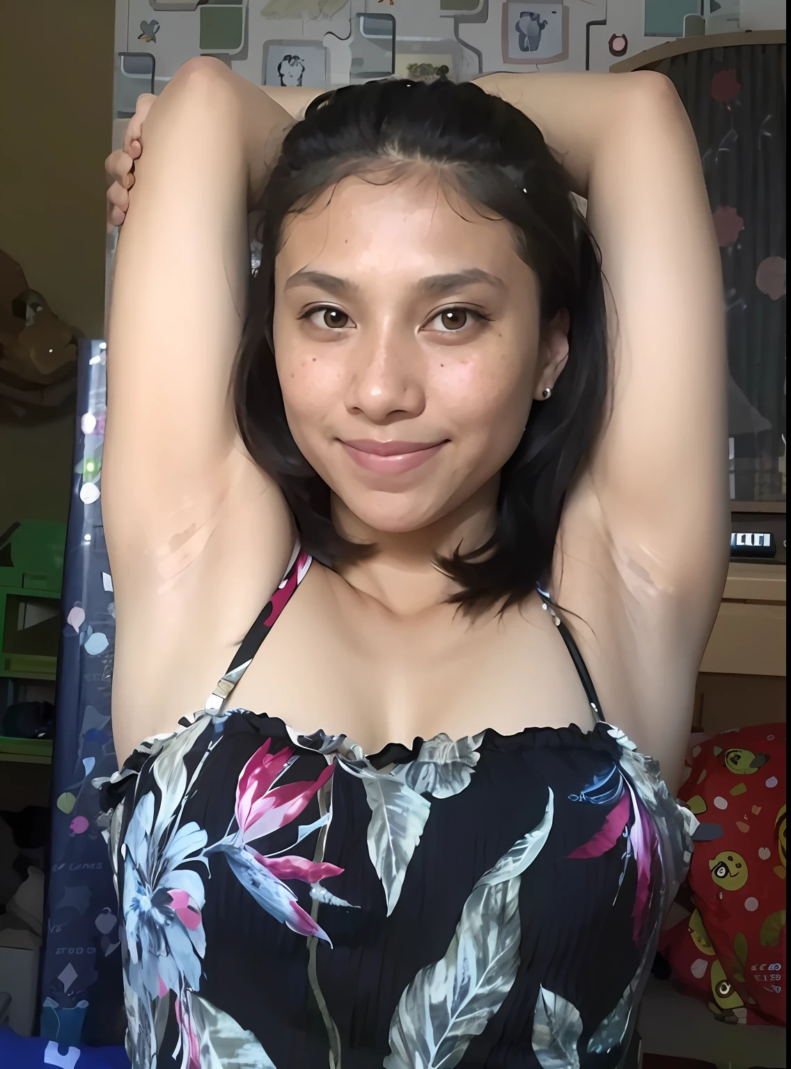 there is a woman that is posing for a picture in a room, her name is "Avy Indira Radja", armpit, indian girl with brown skin, she is about 1 6 years old, hairy arms, with arms up, flat chested, pretty face with arms and legs, posing in a bedroom, sexy girl with dark complexion, she is about 20 years old
