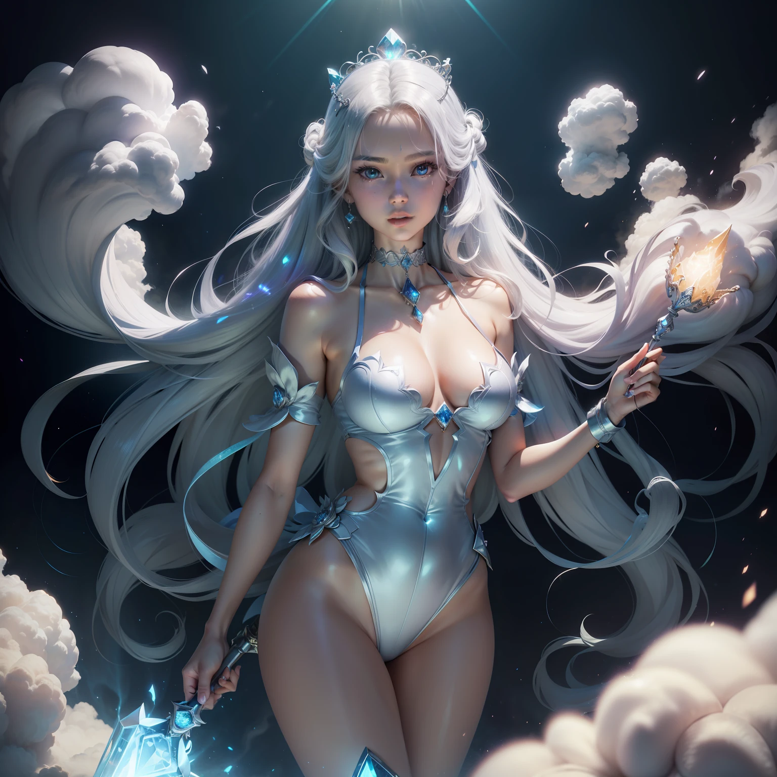16-year-old beautiful princess in the bright celestial void，Holding a diamond-set scepter，pretty eyes，Smooth skin fair and delicate，Standing barefoot on a white cloud，（（（Gemstones refract dazzling light））,( crown，choker necklace，Yingluo），Front lighting，soft, uniform light，Dynamic hair，The head is illuminated with an aperture，The body shines，Dreamland Wonderland，Cloud fog，Bizarre clouds，mysterious glow，Unreal world，Single clean background，Singular space，Mysterious and unknowable，High quality detailing， Cinematic lighting,absurderes, unbelievable Ridiculous, hugefilesize, ultra - detailed, A high resolution, best qualtiy，tmasterpiece，illustratio，CG，8k 壁纸，Amazing Cleavage， Correct anatomy，Correct dissection