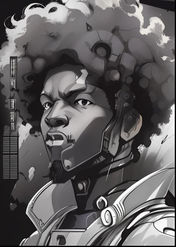 (desenho) (pen) (2D) (preto e branco) homem afro pintando um quadro, Roboto, pendurado por cabos, pintando um quadro, pintura naturalista, cavalete, Brushes, tinta (cabos, fios, cordas) fundo branco simples, aspecto simples, desenhado