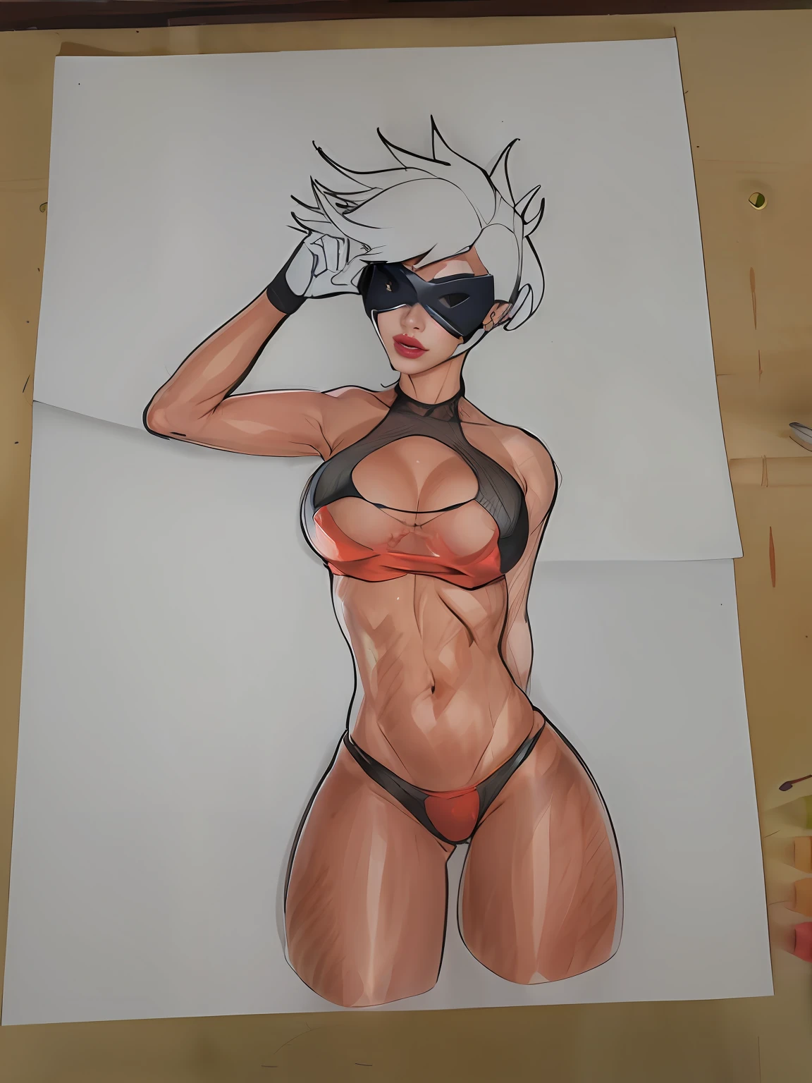 Drawing of a woman in a bikini with a cat mask in, cel sombreado!!!, cel sombreado:15, tinta preta & copic markers, desenho colorido, Jetstream Sam de Metal Gear, corpo perfeitamente sombreado, pinup of tracer from overwatch, high quality colored sketch, fofosexyrobutts, colorful sketch, cel sombreado