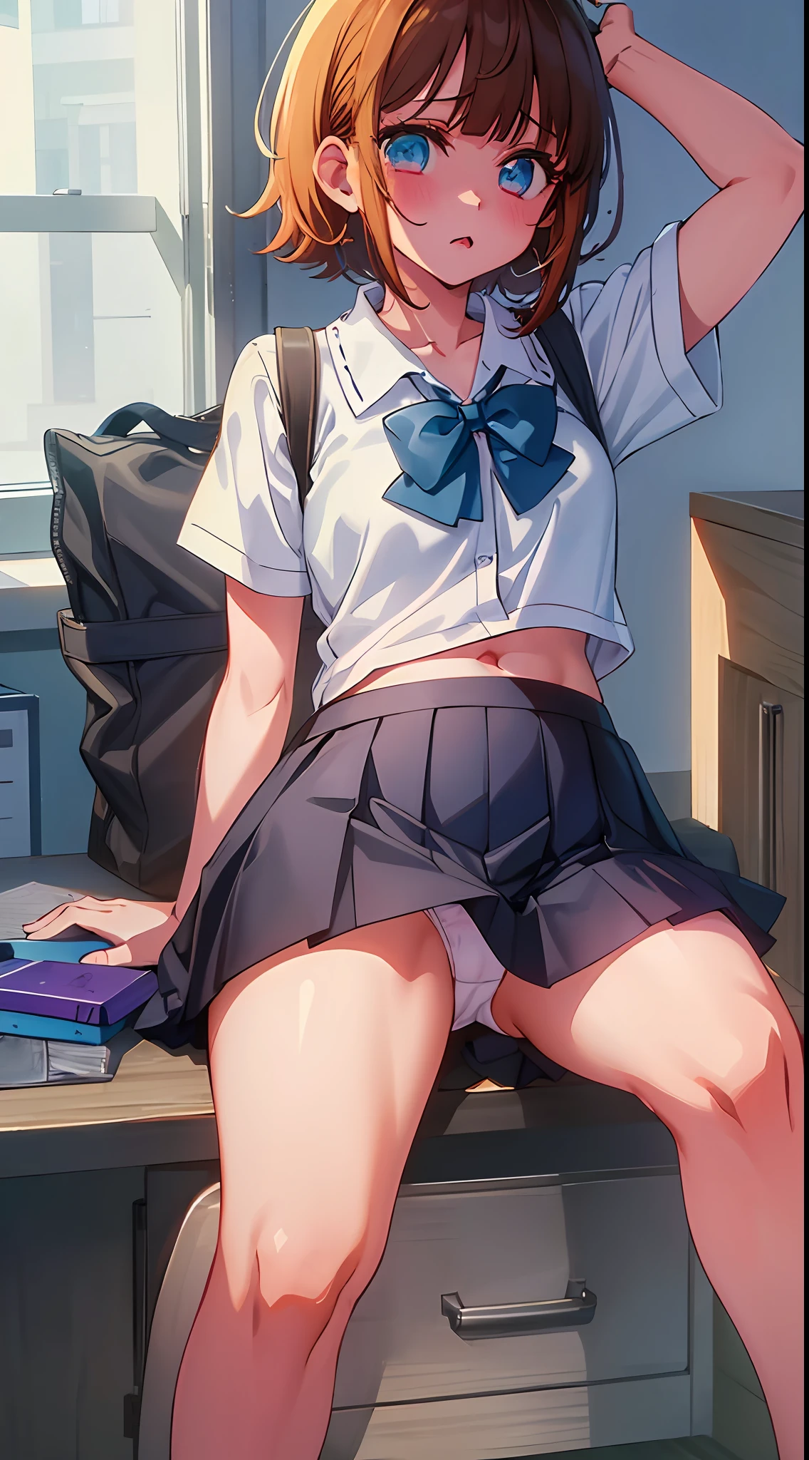 Full body, full body illustration, best illustration, ren,
High School Uniform, (((Best Quality)), ((Masterpiece)), (Details: 1.4), Anatomical, Award-winning concept art, Beautiful, Fine Detail, Portrait, Look Viewer, (Full Body View)), 1 Girl, Full Body, Solo, 6 Years Oldor, Golden and Brown Hair,t Hair, Blue and Pink Eyes, Big Eyes, Dark Brown Blazer, Maroon Sweater, Check Skirt, dark green and maroon skirt, black hiso, orange large ribbon, white blouse, underwear, panties, skirt, white panties, wet, shirt, wet clothes, skirt lift, blush, classroom, navel, clothing lift, simple background, lifting clothes, uniform, Japan cute school uniform, dark blue uniform, look away, short sleeve, loli, skinny, elementary school, school movie Last Sceon, loli, baby face, cute, young appearance, fantasticisual , professional effect, beautiful girl, petite girl, sweaty transparent clothes, unevenness, absurditen and brown hair