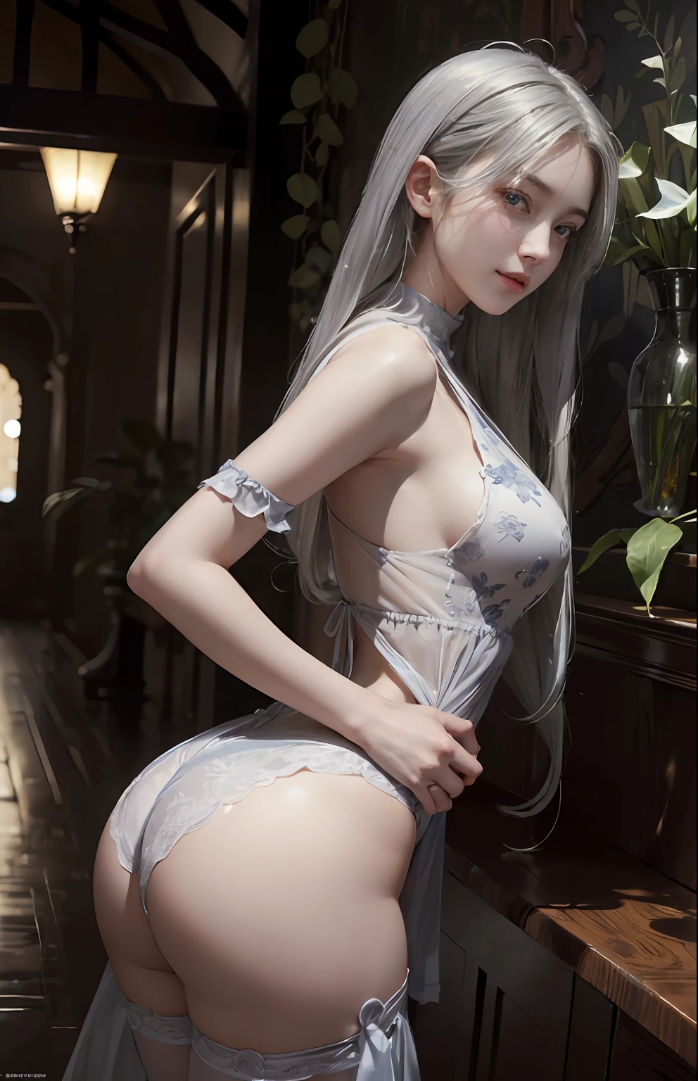 (A hyper-realistic), (illustratio), (Increased resolution), (8K), (ighly detailed), (The best illustrations), (beautifully detailed eyes), (top-quality), (ultra-detailliert), (masterpiece), (wall-paper), (详细的脸), 独奏, 1 girl in, looking at the viewers, finely detail, A detailed face, murky, deep-shadows, Unobtrusive keys, pureerosfaceace_v1, A smile, Bust, Bust, Sheer are visible,, ((teats)), long legged, thin-waist, s ass、Silver hair、Saint Petersburg、square