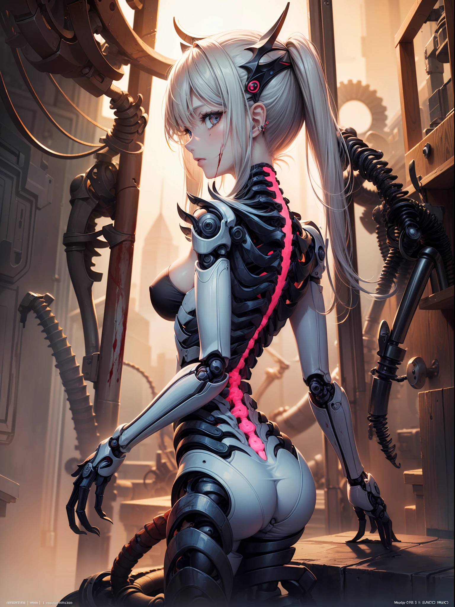 (masterpiece, top quality, best quality, official art, beautiful and aesthetic:1.2), (1girl), upper body,extreme detailed,(fractal art:1.3),colorful,highest detailed,((ultra-detailed)), (highly detailed CG illustration), ((an extremely delicate and beautiful)),(from front),cinematic light,((1mechanical girl)),solo,full body,(machine made joints:1.2),((machanical limbs)),(blood vessels connected to tubes),(mechanical vertebra attaching to back),((mechanical cervial attaching to neck))