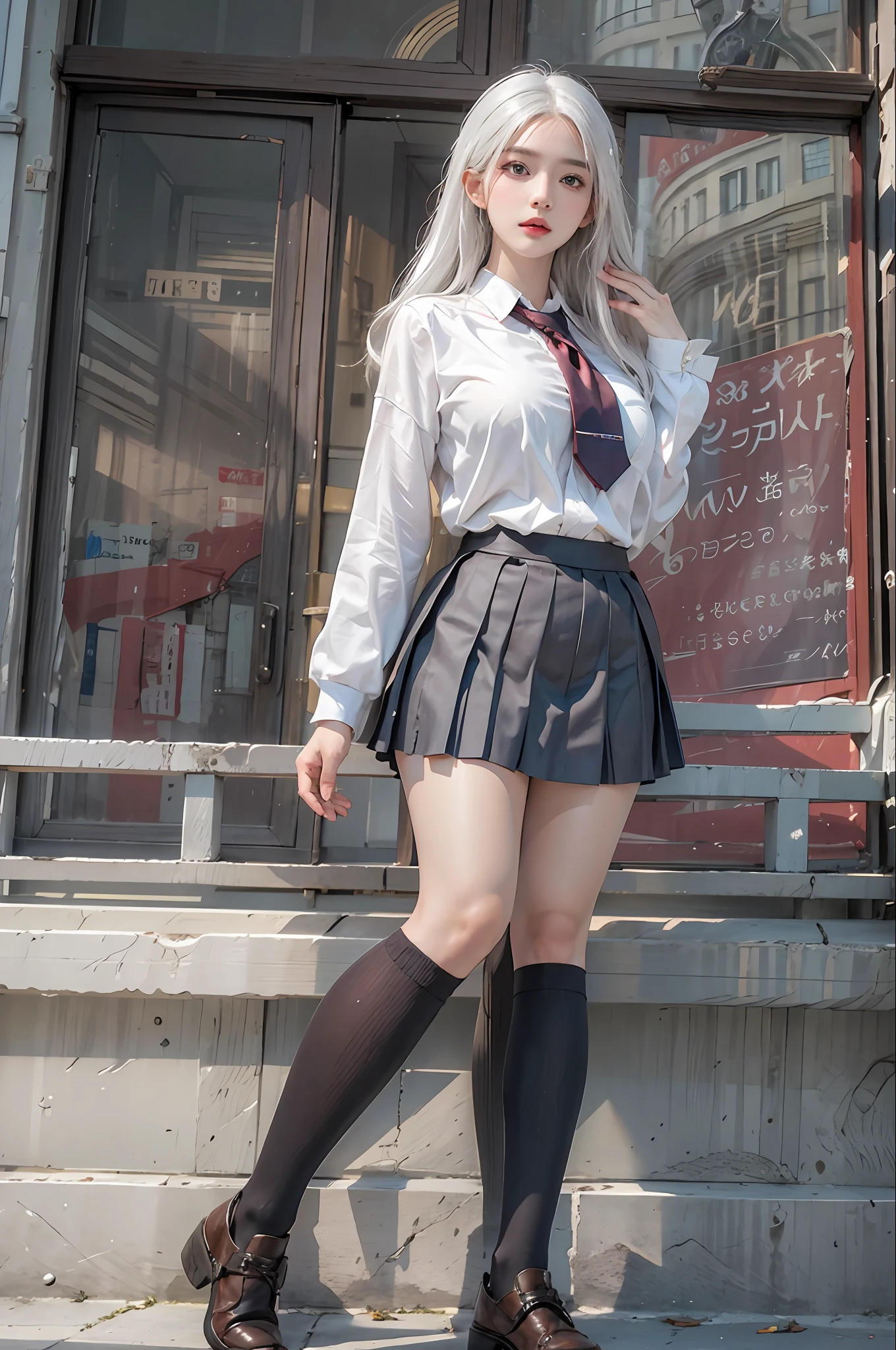 photorealistic, high resolution, 1women, solo, hips up, look at viewer, (detailed face), white hair, long hair, school uniform, skirt, stockings