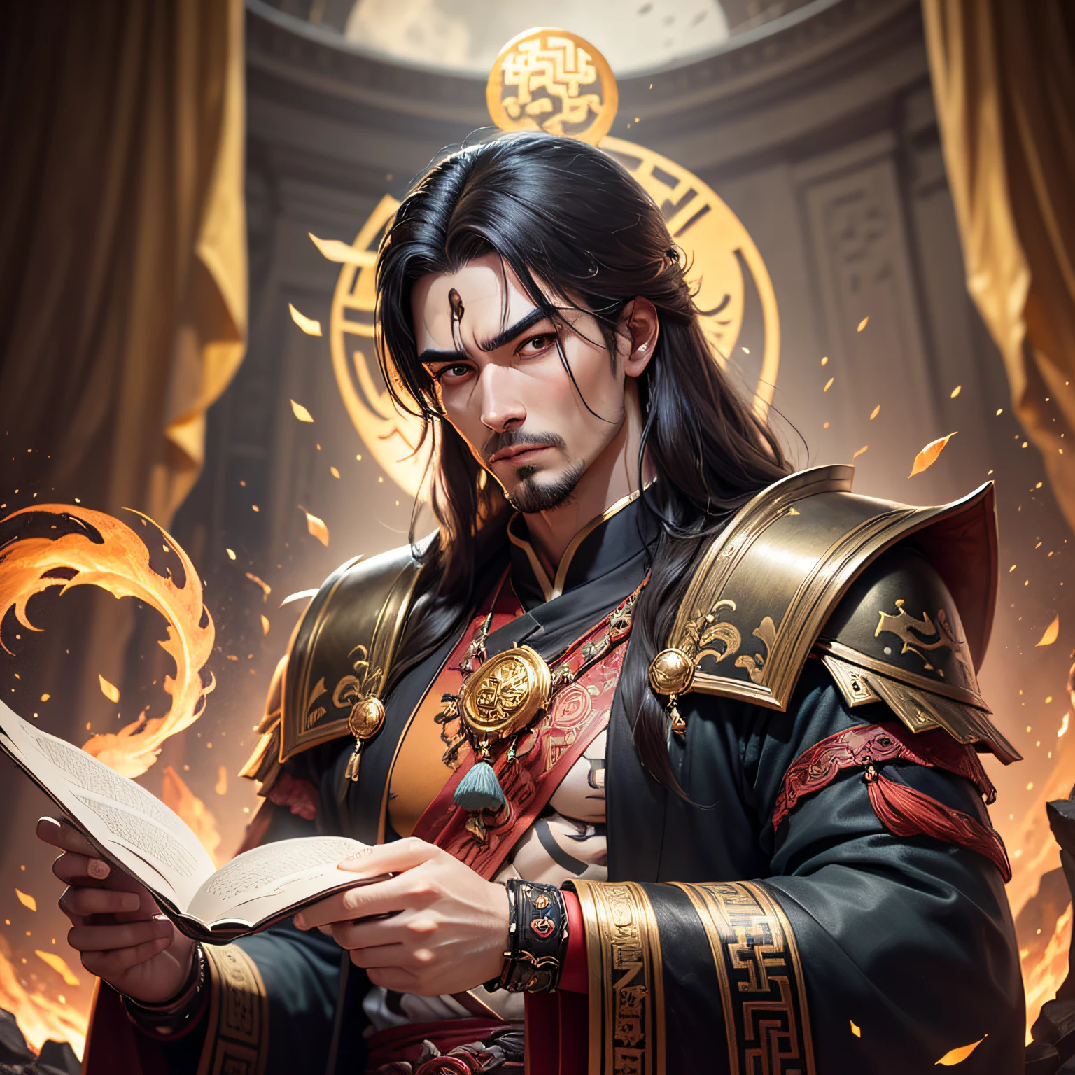 tmasterpiece,Need,natta,moon full,1人,Mature men,China-style,Ancient China,brunette color hair,blackigeyes,split ends,long whitr hair,with long bangs,handsome,handsome,virile,serious,gentleness,large tall,chill out, Black gold blend, Gold pattern, Dragon Pattern Road, Great General, battlefiled (I am the god of war in the immortal world。 Just as my blood was boiling,When I want to give a bunch of heavenly materials and earth treasures to a young immortal)(Background with: Inside the mysterious cave mansion of the immortal world) --auto --s2