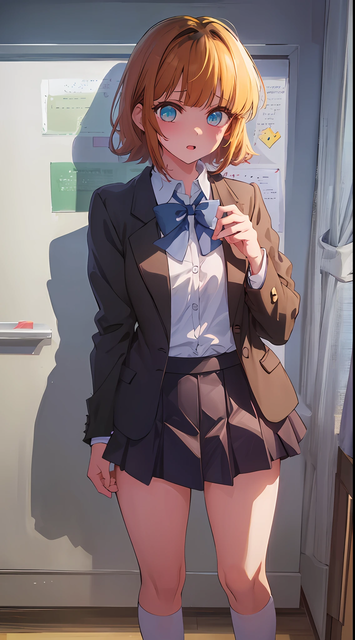 Full body, full body illustration, best illustration, elementary school student, realistic and elaborate uniform, high school uniform, ((highest quality)), ((masterpiece)), (detail: 1.4), anatomical, award-winning concept art, beautiful, fine detail, portrait, look viewer, (full body view)), 1 girl, full body, solo, 6 years old, elementary school student, child actor, golden and brown hair, short hair, blue and pink eyes, big eyes, dark brown blazer, maroon sweater, checked skirt, dark green and maroon skirt, black hiso, orange large ribbon, white blouse, underwear, panties, skirt, white panties, wet, shirt, wet clothes, skirt lift, blush, classroom, navel, clothing lift, easy background, lifting clothes, uniform, Japan cute uniform, blazer, look away, Short Sleeve, Loli, Skinny, Elementary School, School Movie Last Scene direction, loli, baby face, cute, young appearance, fantastic visual depiction, professional effect, beautiful girl, petite girl, sweaty transparent clothes, unevenness, absurdity,golden and brown hair