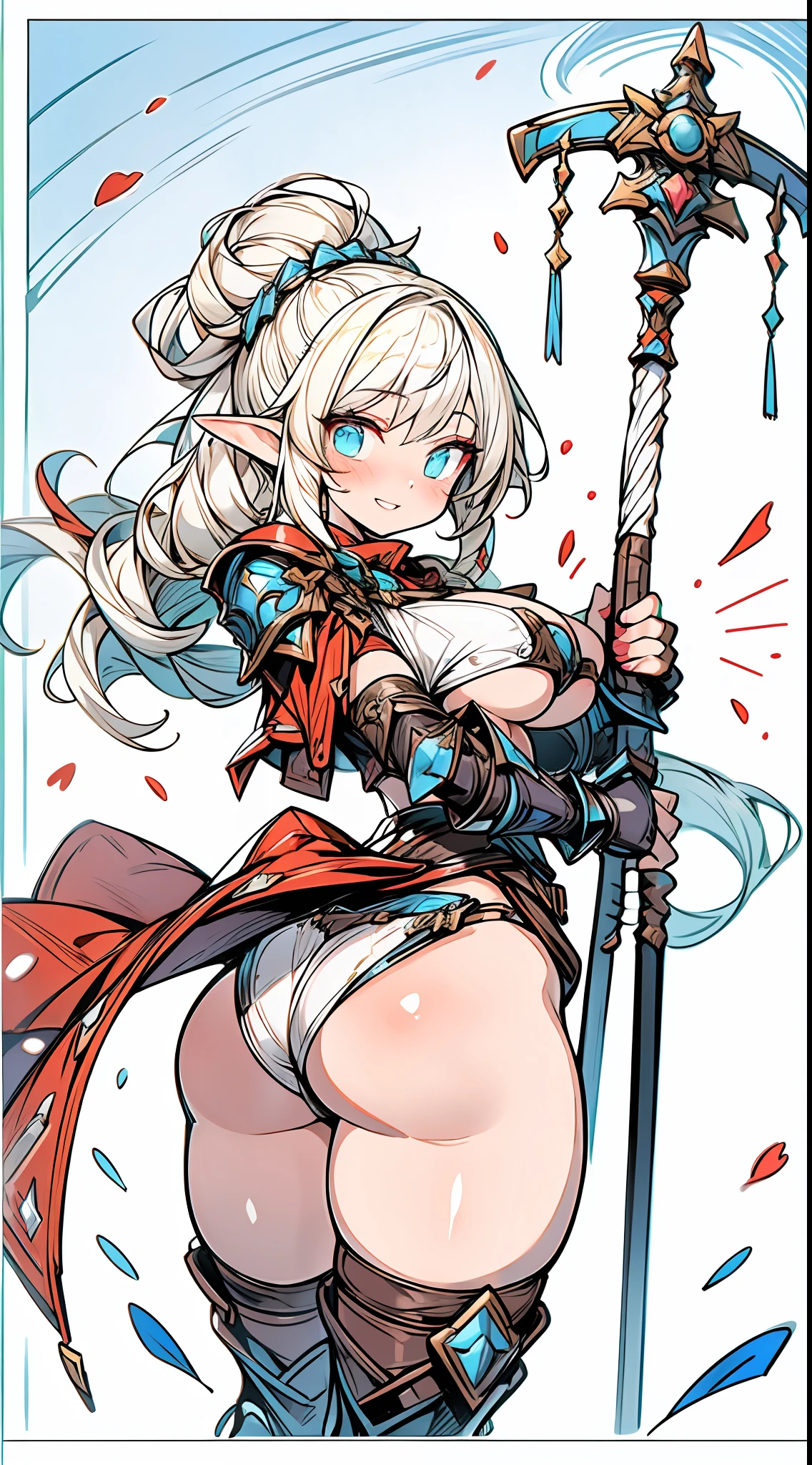 Elven paladin, fantasy, plate gauntlets, plate greaves, butt cape, blonde hair, smiling, zweihander, action pose, white metal bikini armor, pasties, busty, plate boots, delicate, soft features, beautiful detailed face, shiny skin, elegant, beautiful, messy bun, thick thighs, large ass, huge breasts:1.3, upper body, thick, skindentation, full lips, black eyeliner, mascara, pink blush, elegant makeup, divine warrior, Holy knight, blue and white accent streaks, rose petals