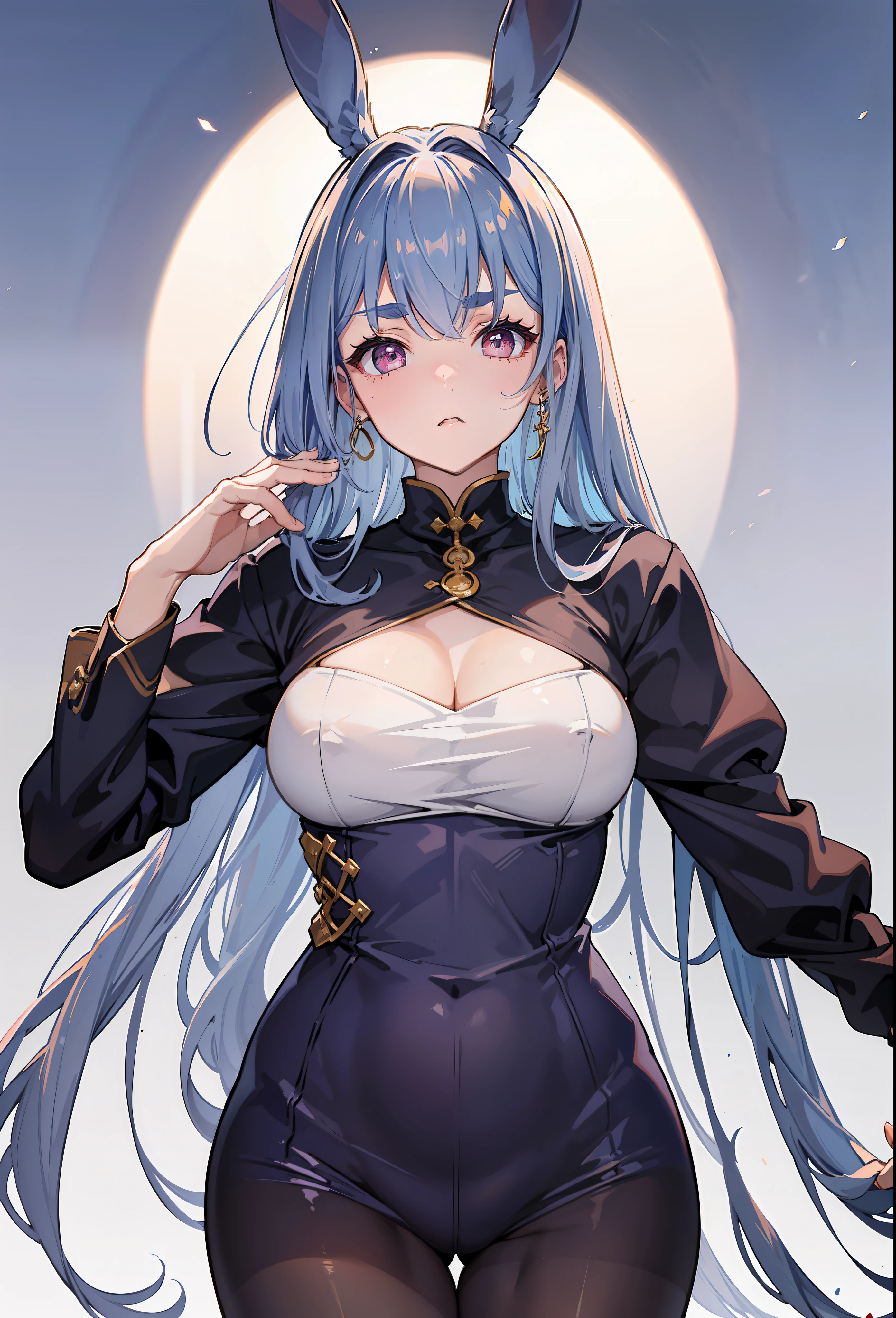 masterpiece, top-quality, The ultra -The high-definition, Top resolution, ighly detailed, semi long hair、Braided hair、pretty skin、Rabbit ears、Long rabbit ears、thick eyebrow、Thick eyebrows、very thick eyebrows、from above