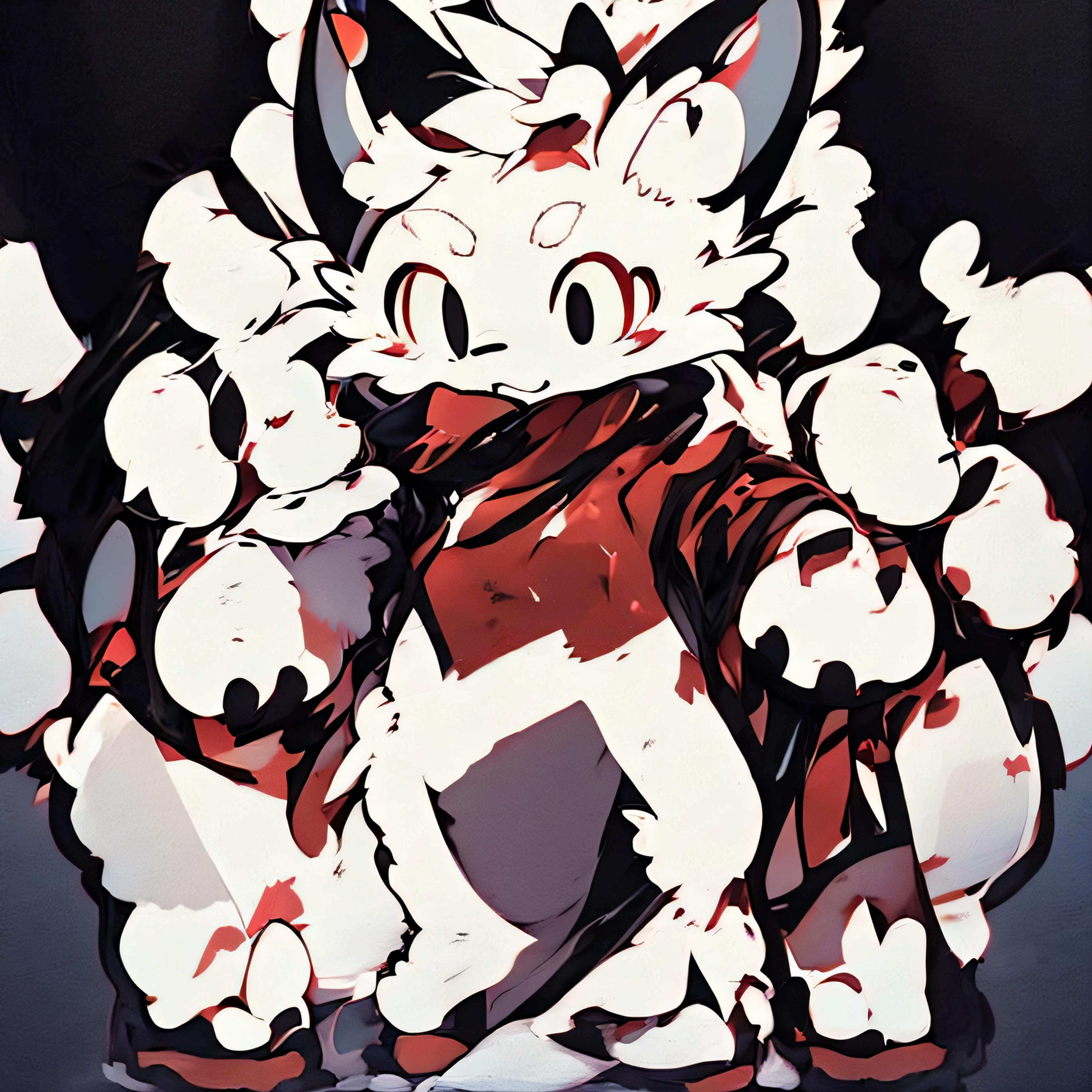 Furry Dogs Forelimb Hands Hind Limbs Legs and Feet Standing Shota Little Boy Overall White Body Black Auspicious Cloud Pattern Head with Red Spark Pattern All Body with Pink Meat Pad Eye Color: Left Eye Blue, Right Eye Brown, Furry, No Clothing, Two Ears