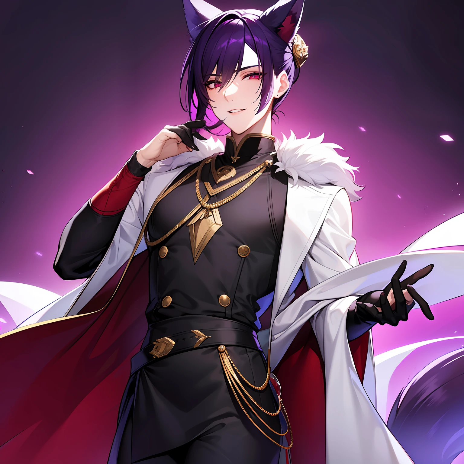 A young guy, cute facial features, dark purple hair gathered in a low bun, faded red eyes, white strict clothes with free light sleeves with lots of jewelry, long black gloves, fox ears and tail, calm gentle smile