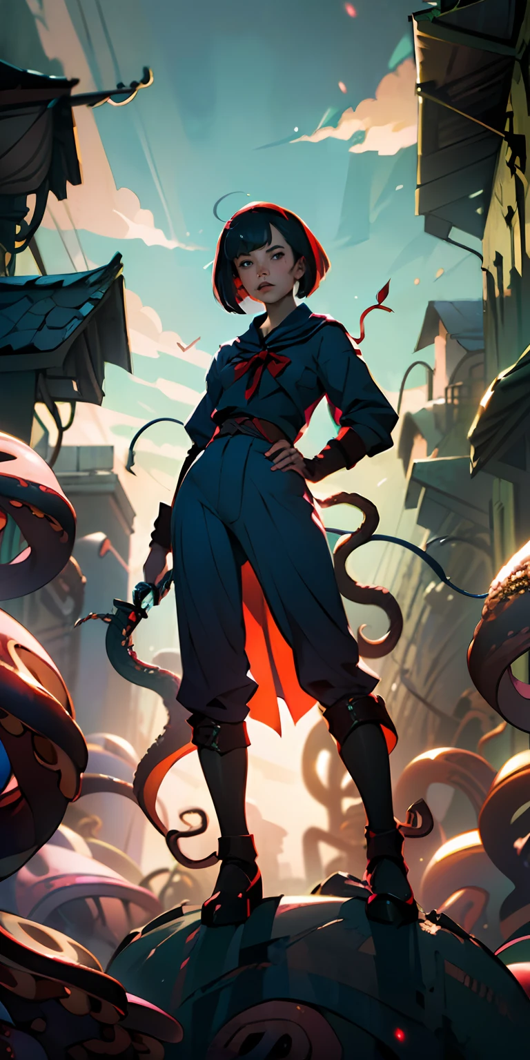 (best quality, masterpiece), 1girl, 12 year age, samurai sword, (((dark blue costume))) ((red ribbon)) ((very short bobcut hair)) jet black hair, particle, wind, looking at viewer, classic school sailor costume, thin body, (((tentacle demon in background))), backlighting, ((whole body)), pose, dark alley